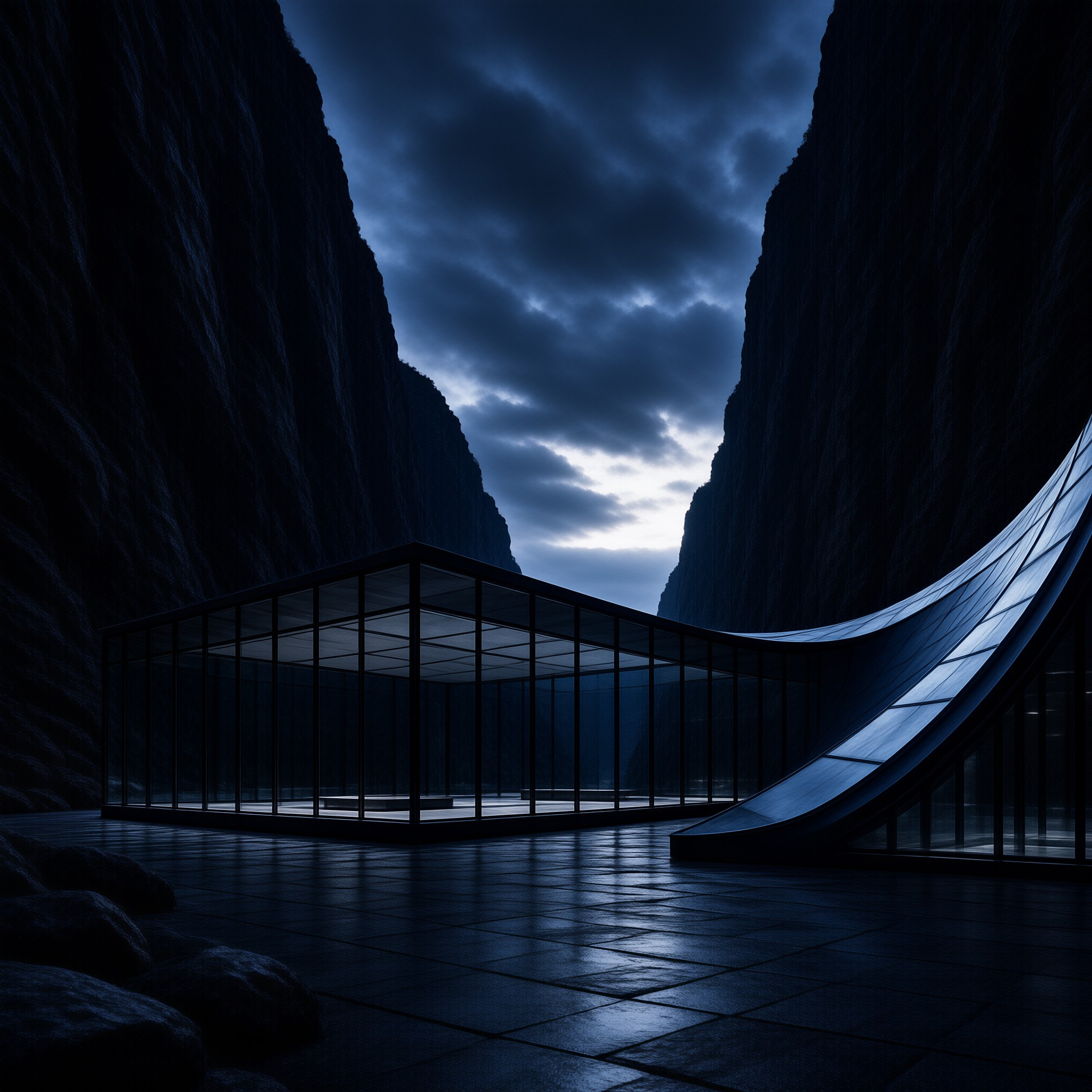 A sleek transparent building stands between towering dark cliffs under a cloudy sky.