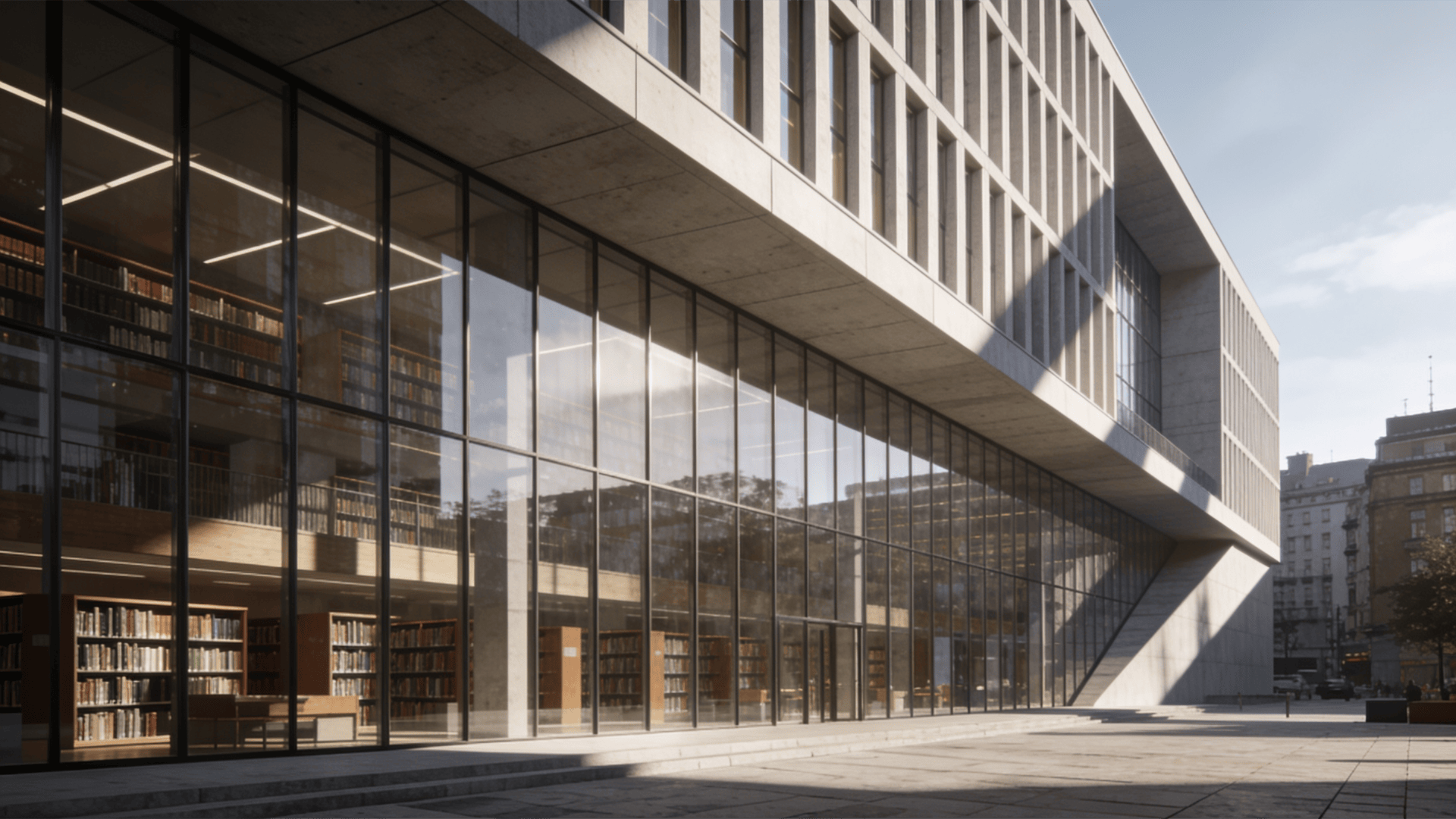 Library with Glass Curtain Wall — Urban Plaza