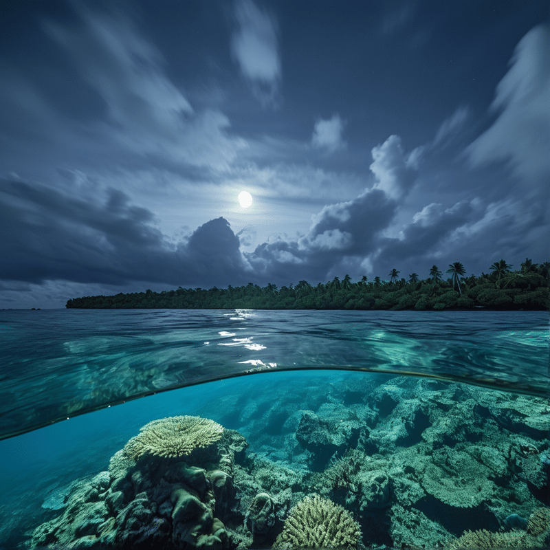 A split-level photograph captures a coral reef below the water surface and a moonlit tropical island above.