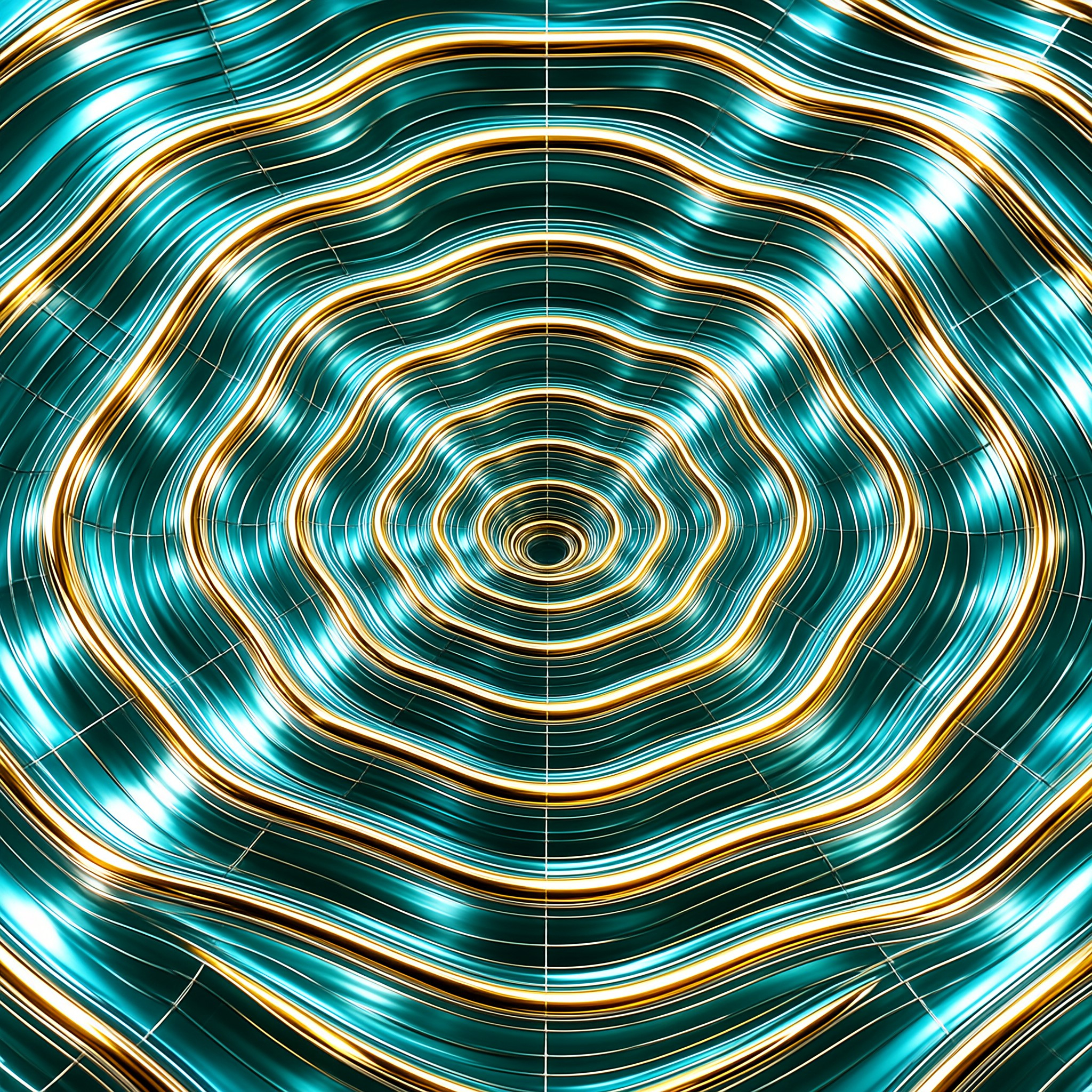 A symmetrical vortex of shiny teal and gold liquid metal waves spiraling inward.