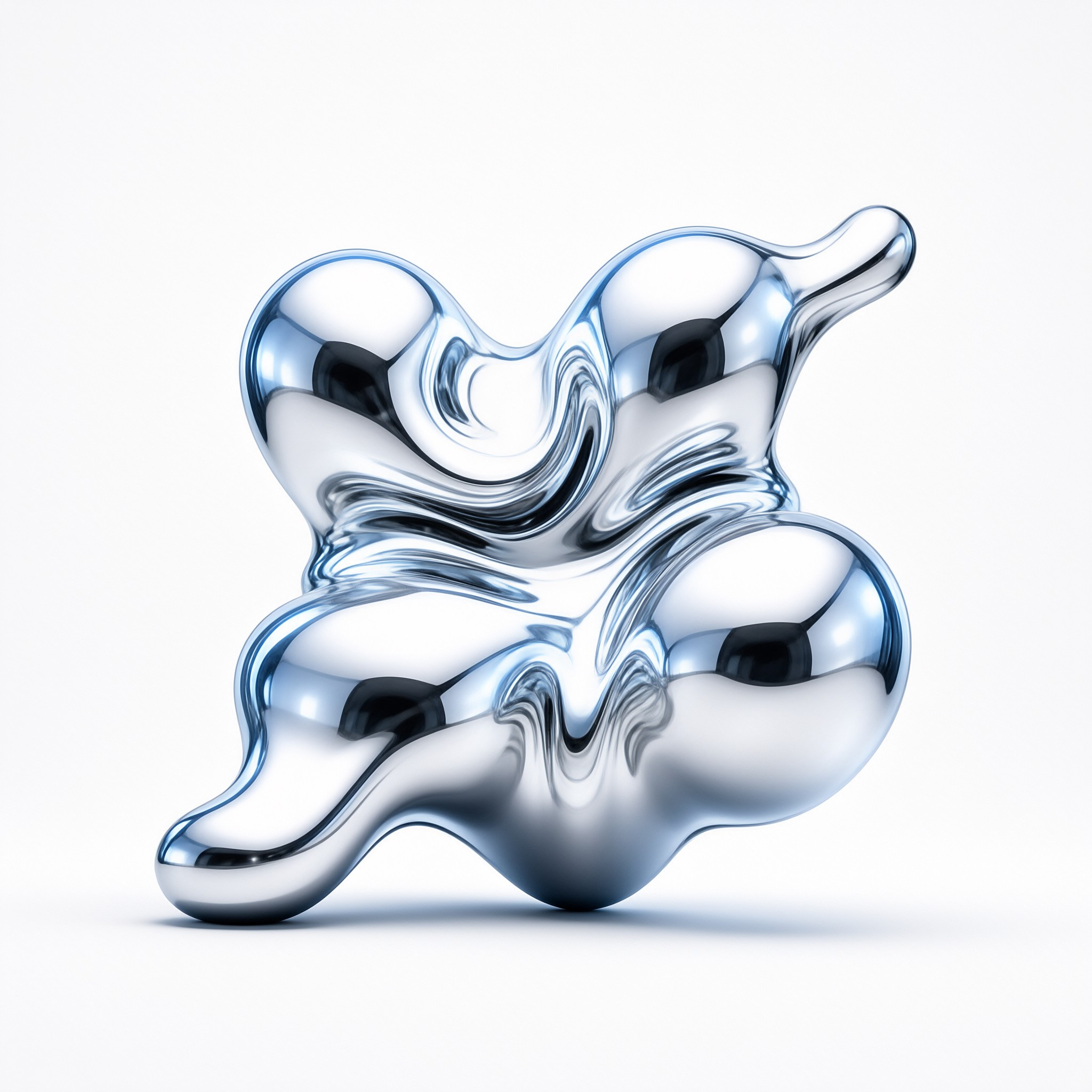 A shiny silver abstract shape resembling flowing mercury sits on a plain surface with sharp reflections.