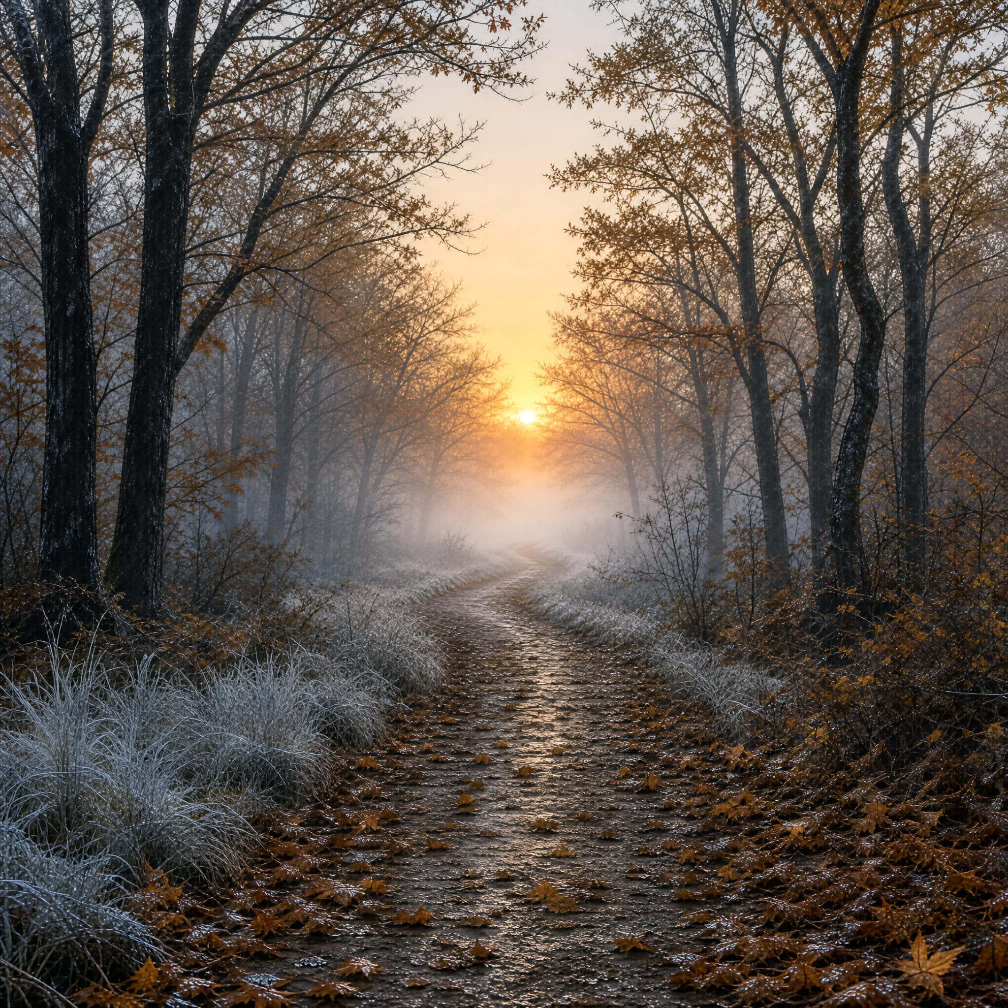Frosty Autumn Path at Sunrise
