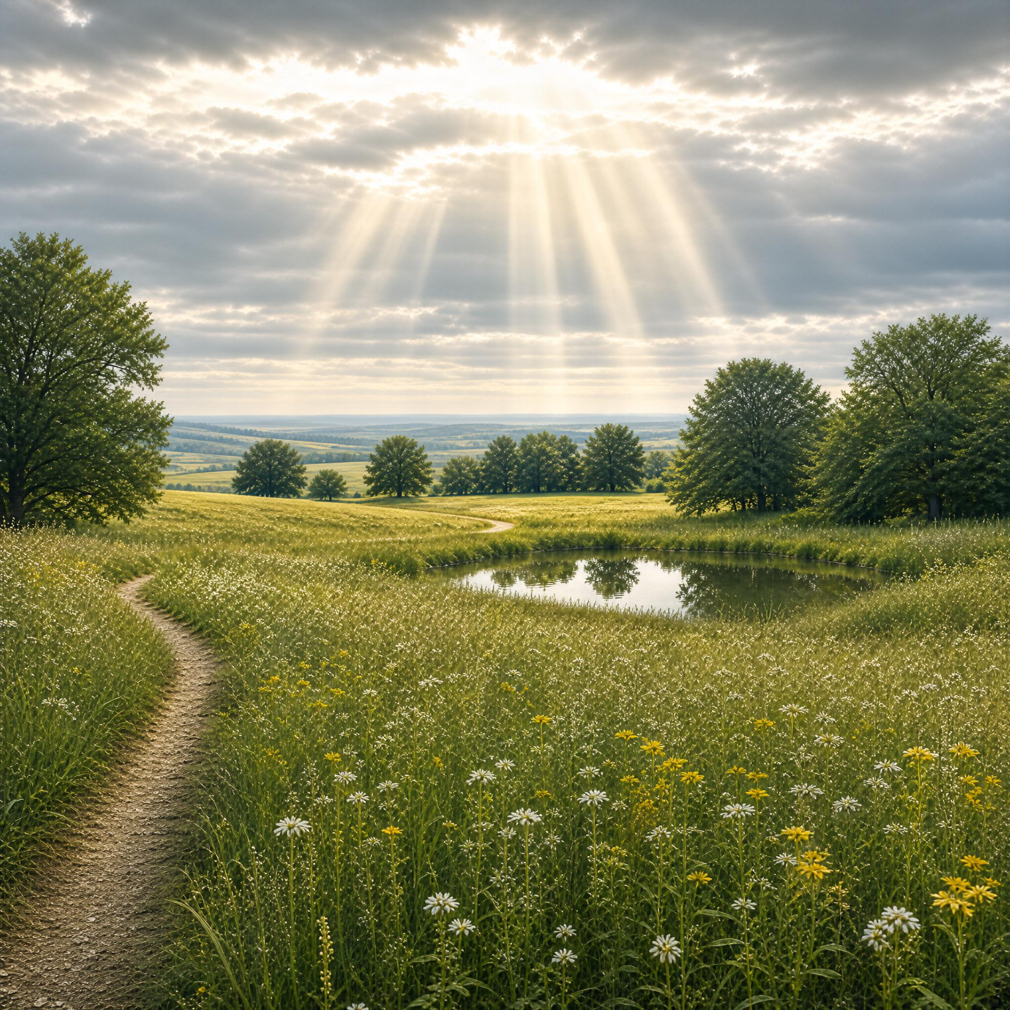Sunlit Meadow with Pond and Path