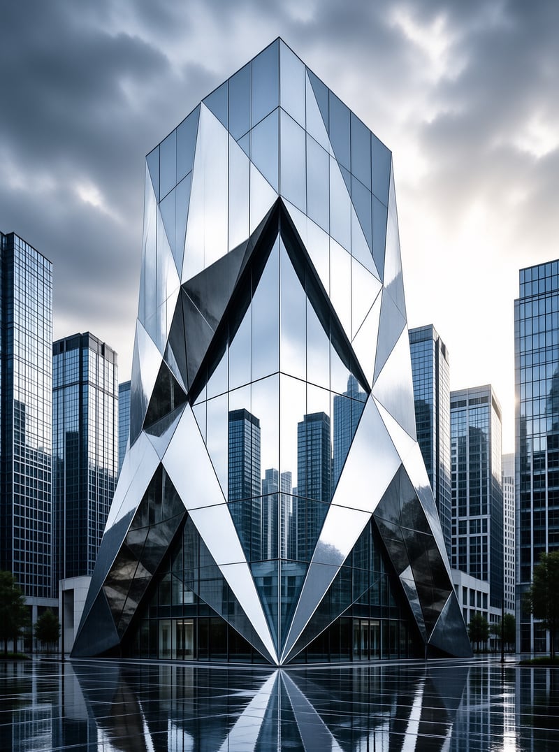 A faceted glass skyscraper rises above wet pavement in a city filled with cloudy skies and surrounding office towers.