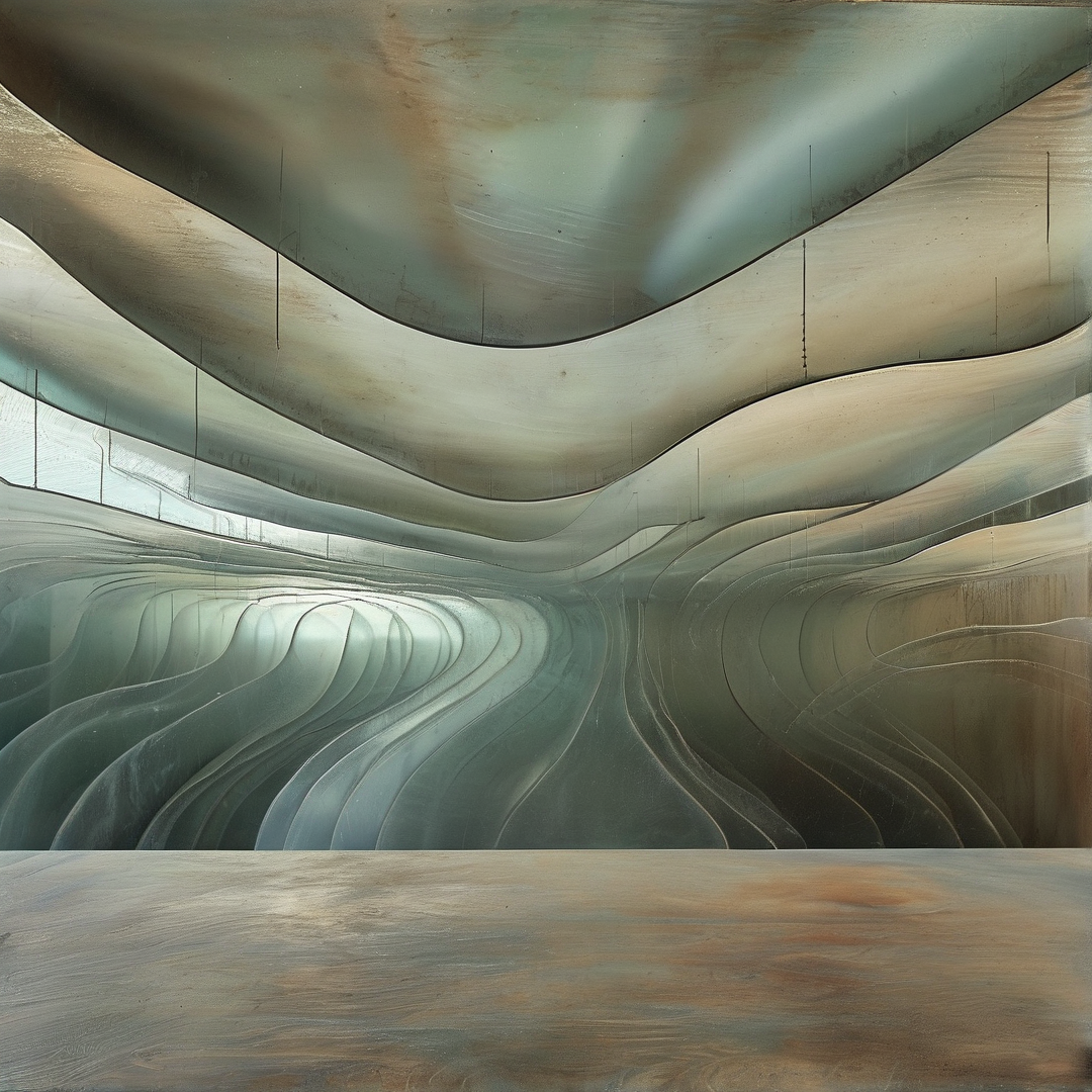 Stacked layers of smooth material form a tunnel shape with soft blue and beige lighting.
