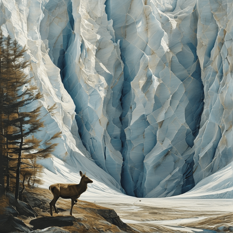 A brown chamois stands on a rocky outcrop observing a towering wall of textured blue glacial ice and deep crevasses.