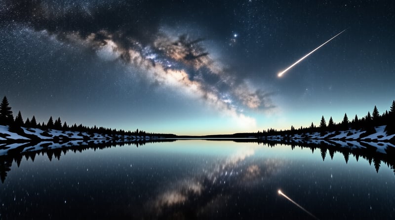 A bright meteor streaks across the night sky while the Milky Way reflects in a calm lake.