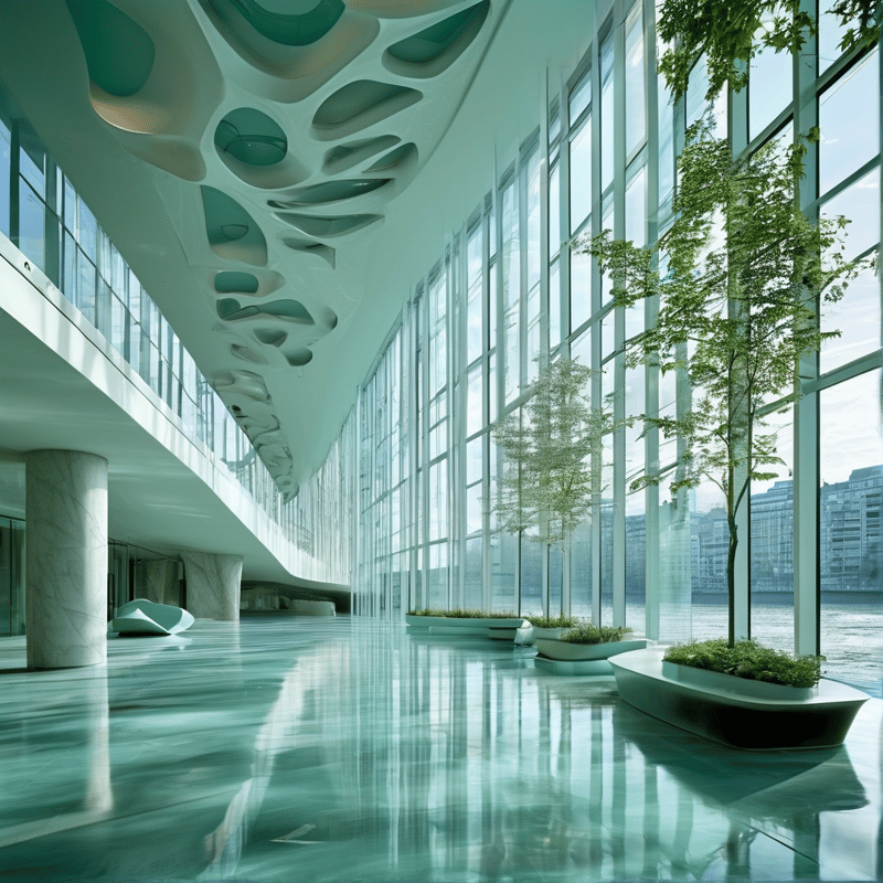 A spacious interior features glass walls, reflective floors, and indoor trees in sleek planters under soft lighting.
