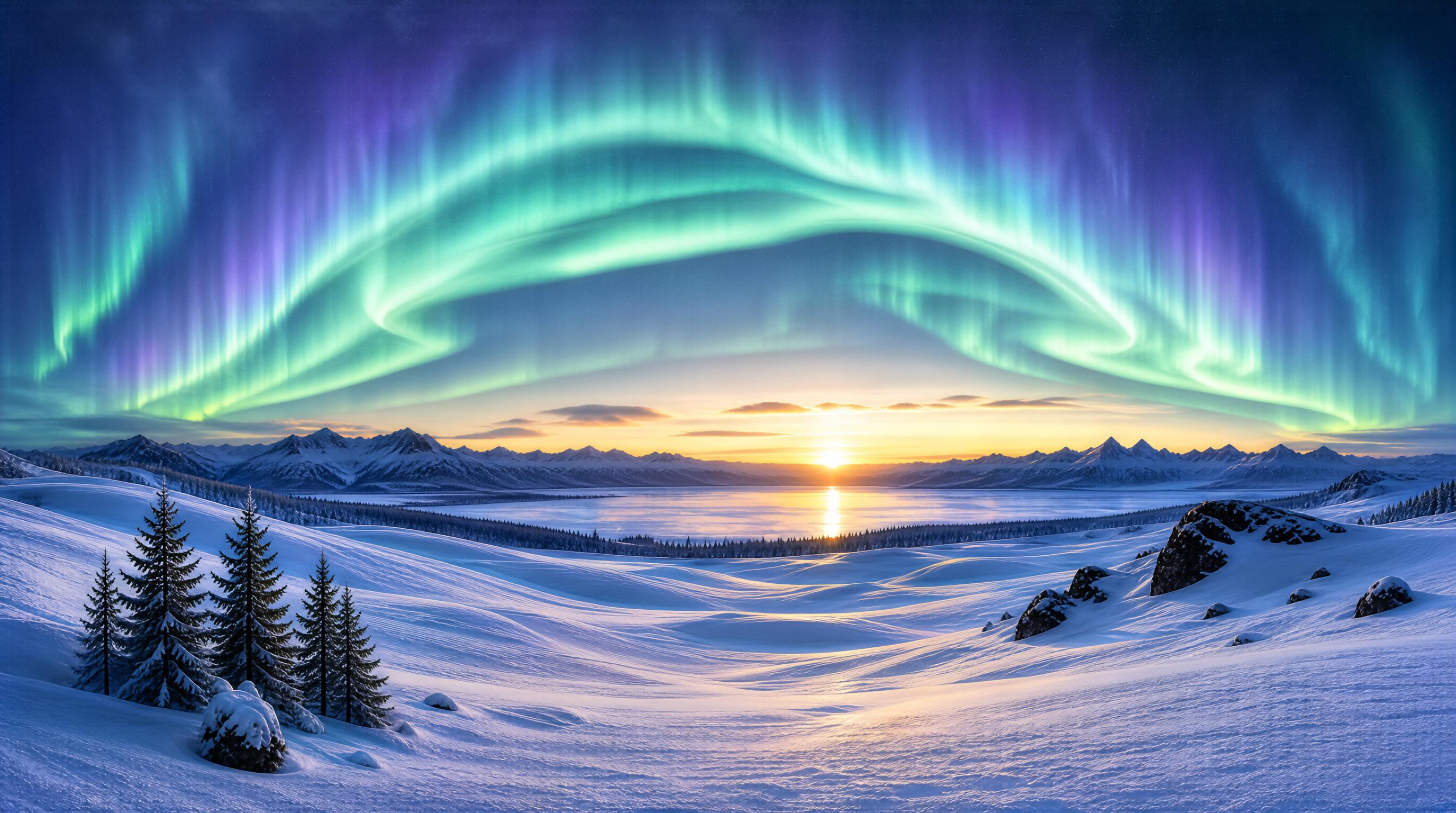 Aurora Borealis Over Snowy Mountains