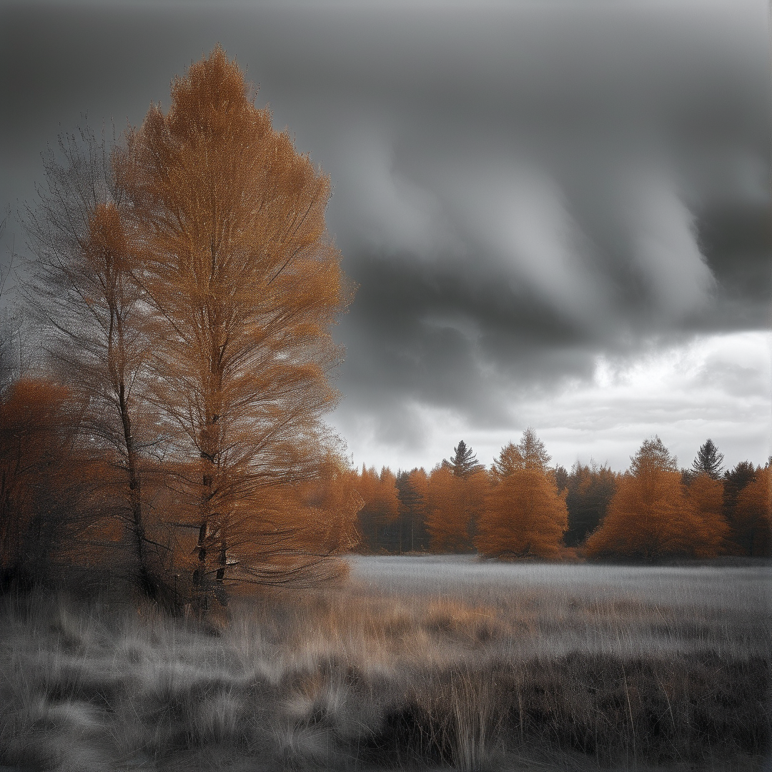 Tall orange trees stand beside a misty expanse while heavy grey clouds gather above the distant forest line.