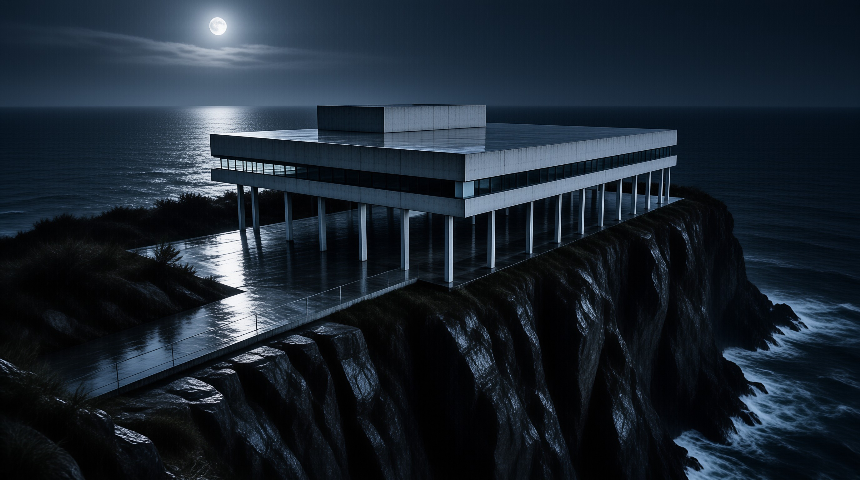 Moonlit Cliff Modern Building