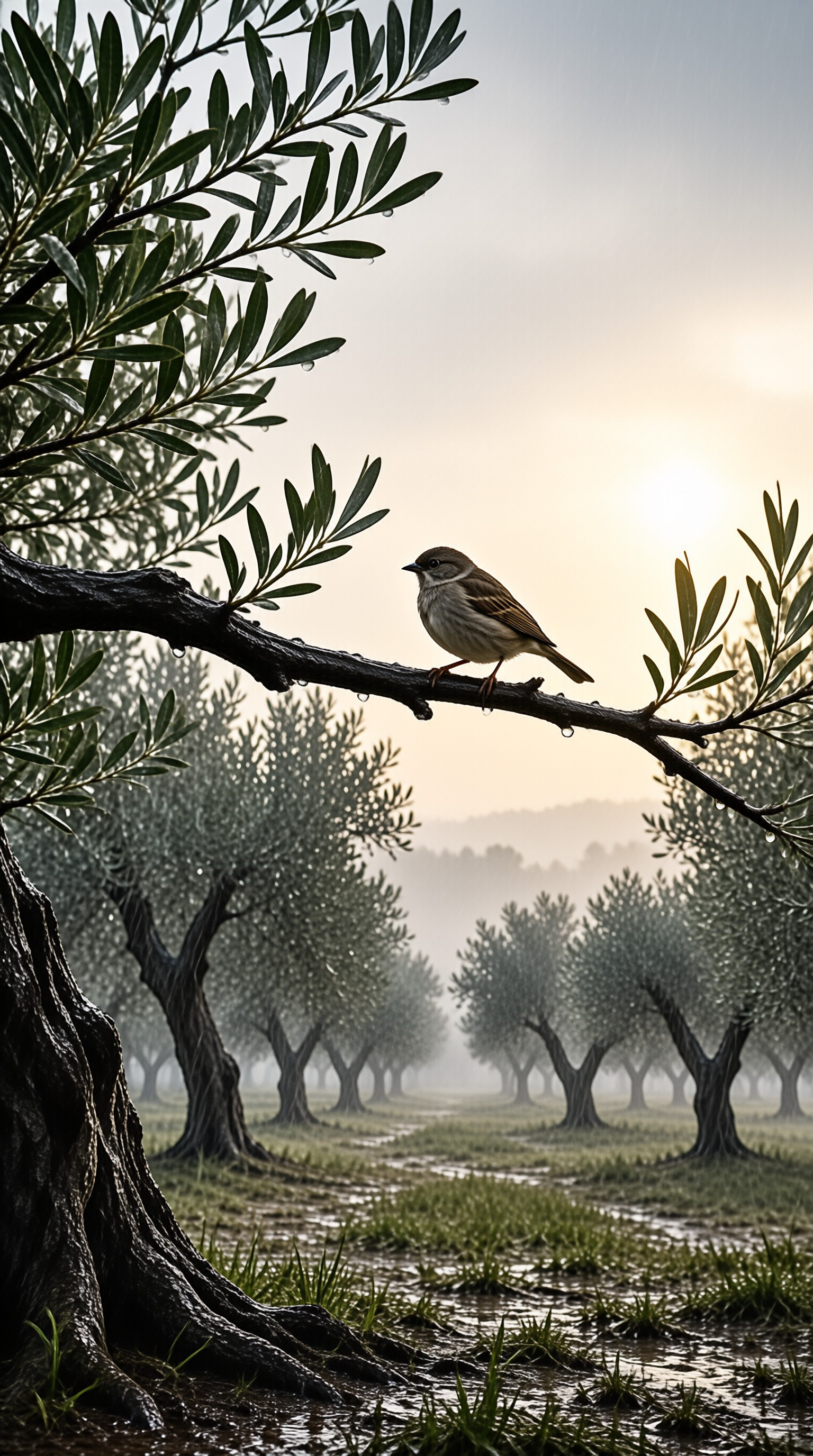 A small bird rests on a damp branch above rows of trees fading into foggy light.