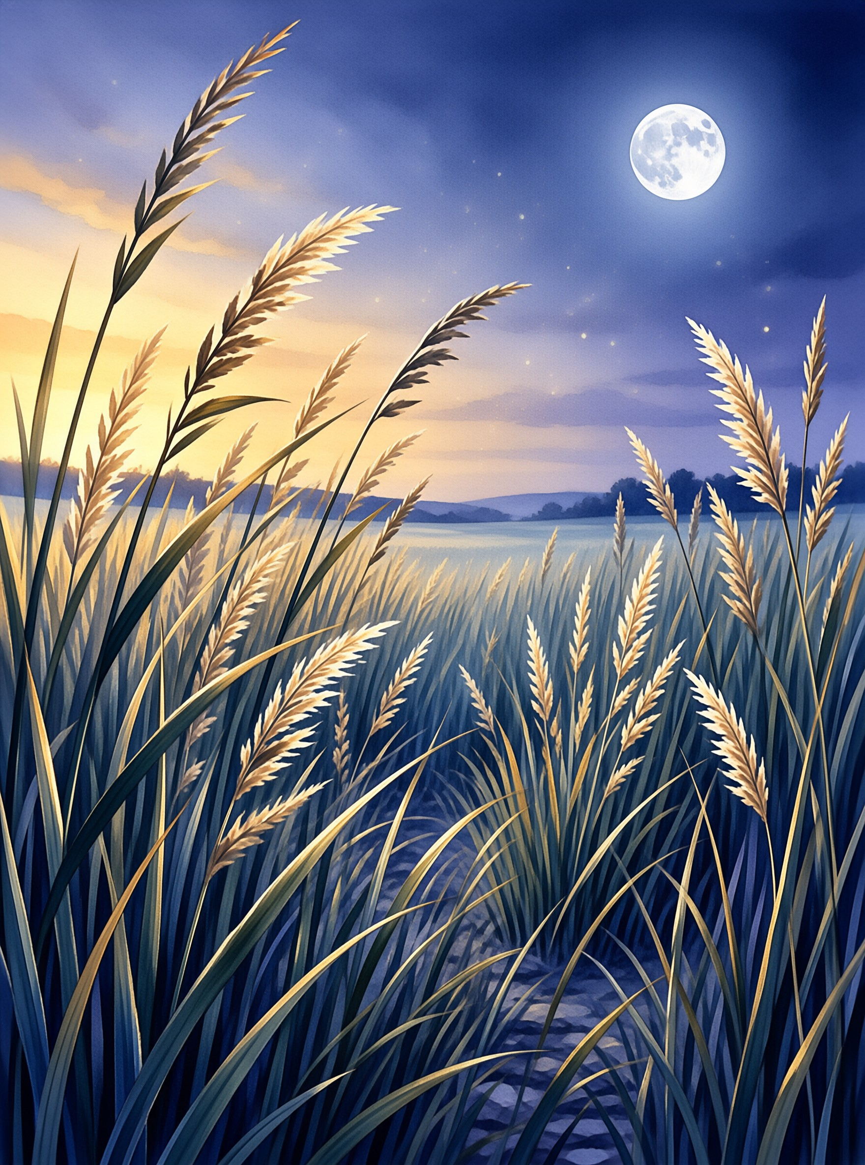 Golden wheat ears rise from a deep blue dusk field, lit by warm left sunset light and a bright right full moon.