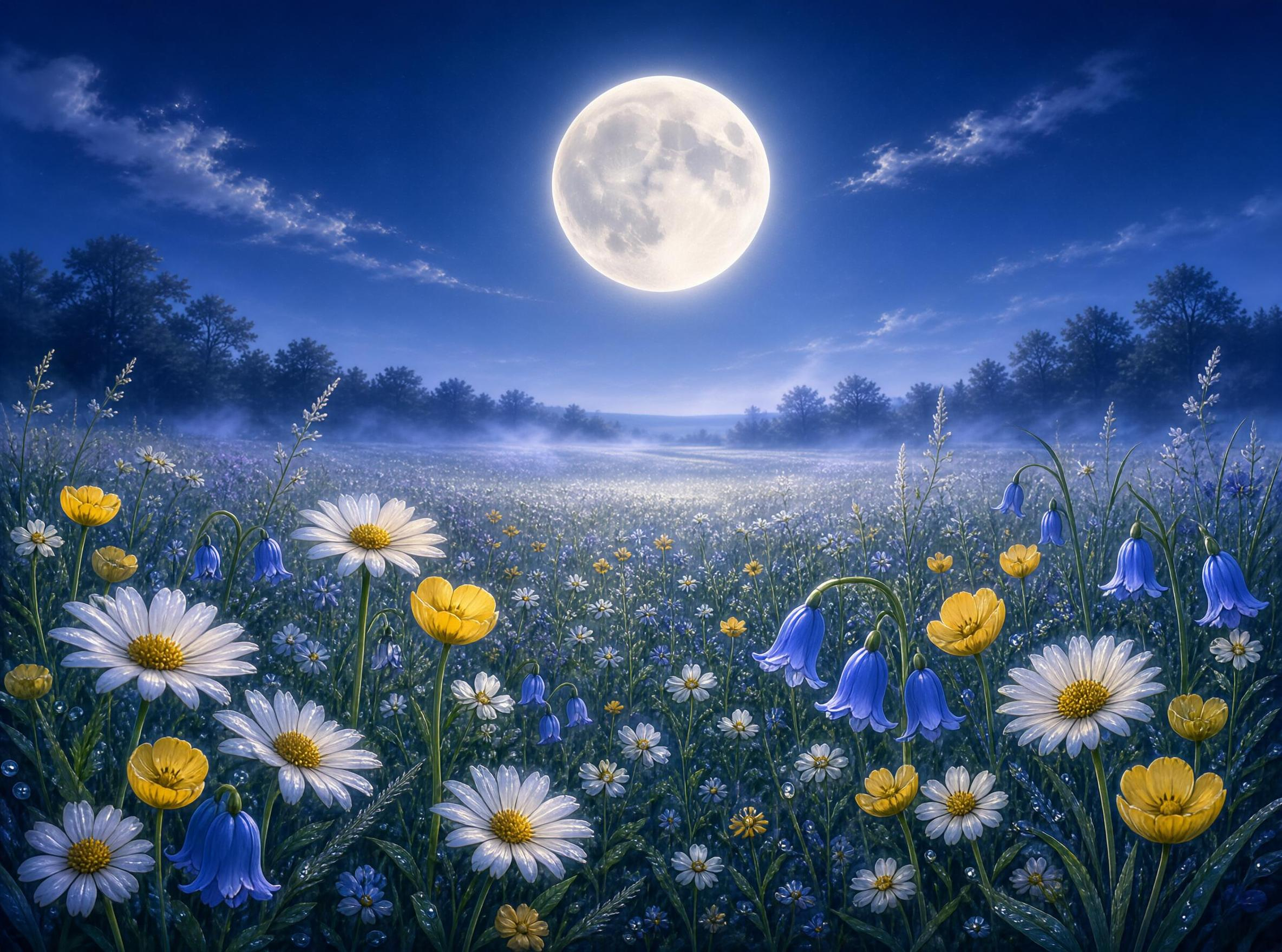 Moonlit Flower Field at Night