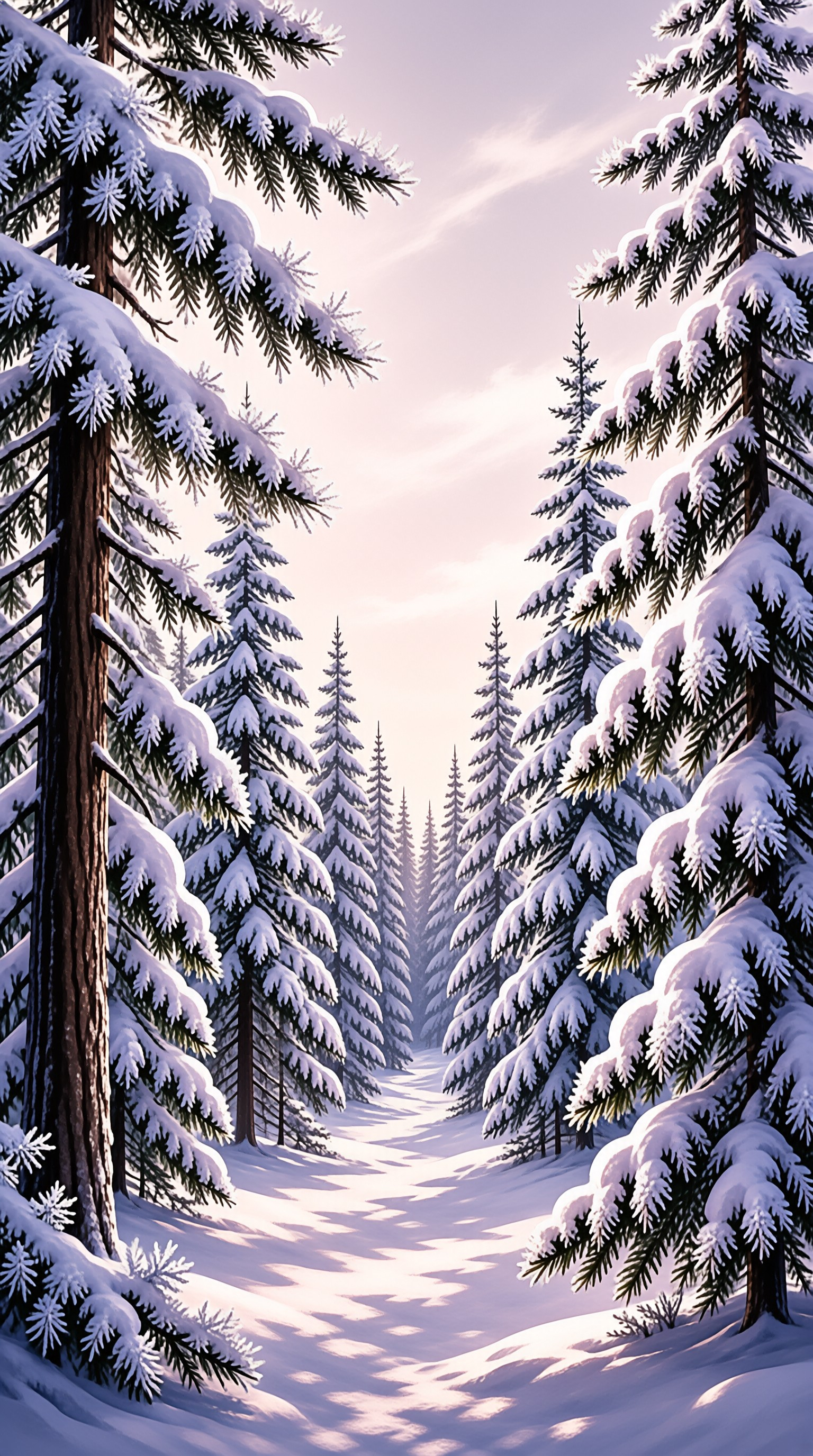 Tall snow-laden coniferous trees line a winding snowy trail leading into a softly lit pale pink dawn sky.