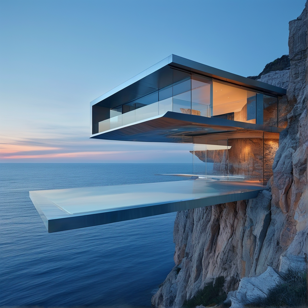 A glass-walled residence projects from a steep cliff into the ocean during the blue hour.