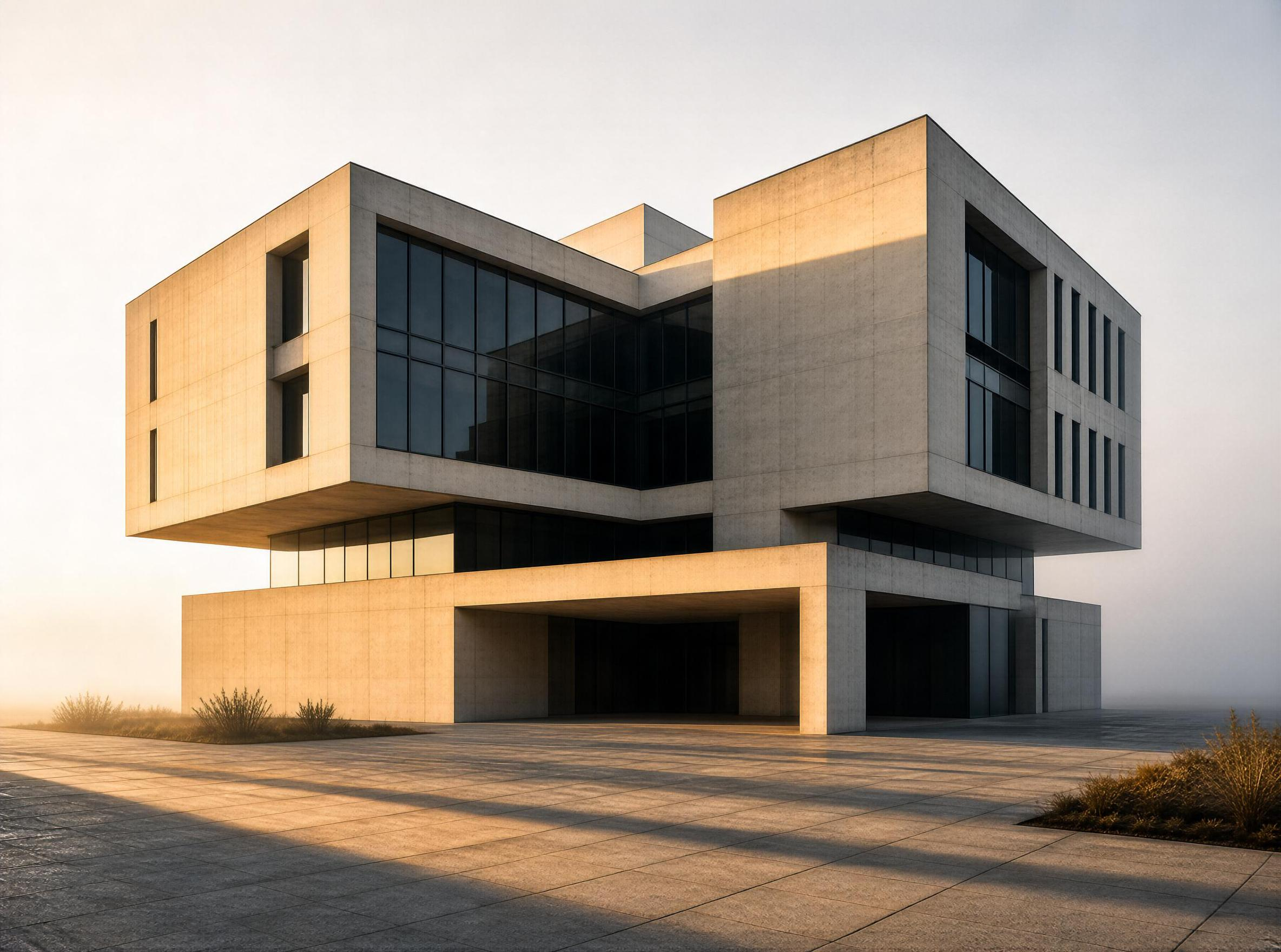 Modern Concrete Building at Sunset