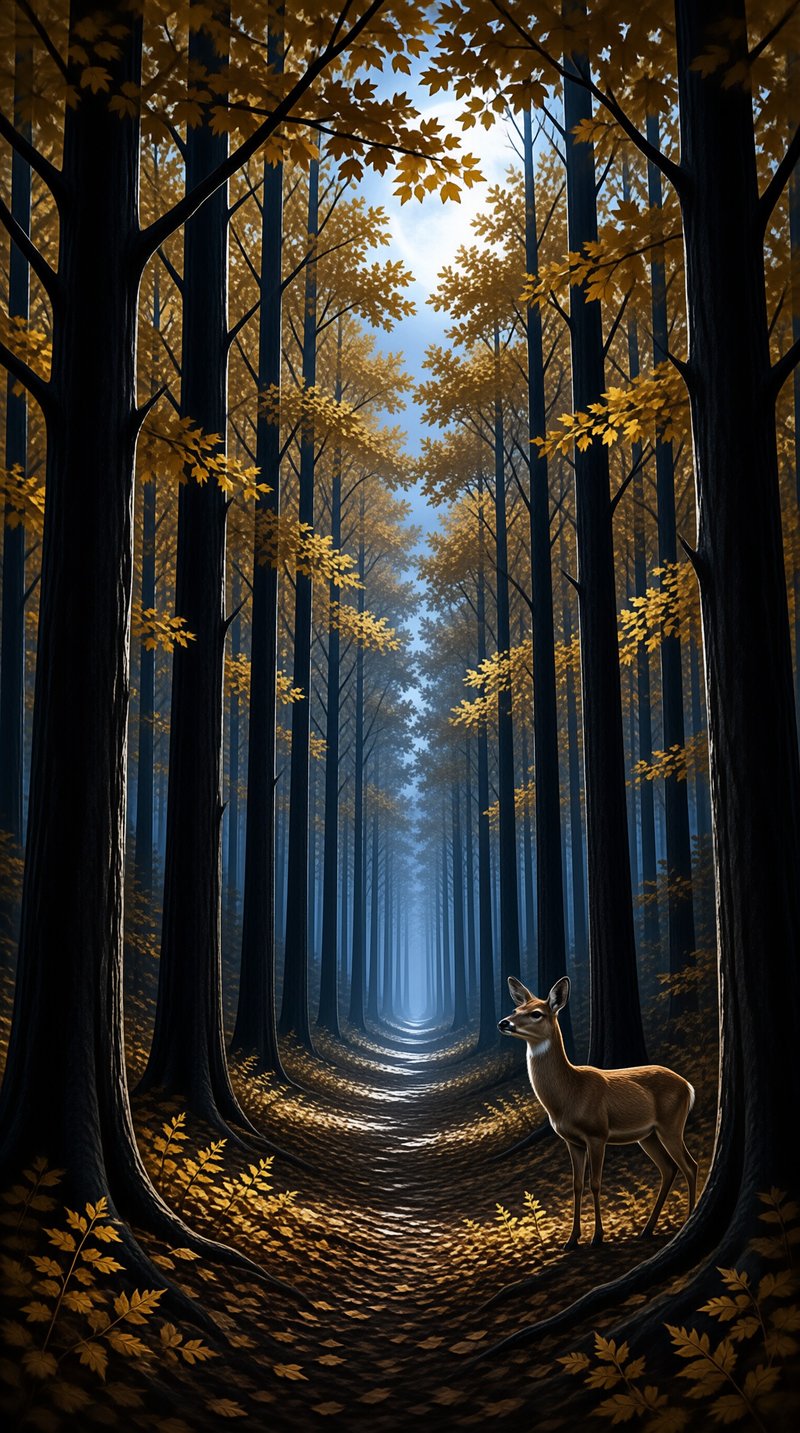 A lone deer stands on the right side of a path lined with straight trunks bearing yellow leaves under a cool sky.