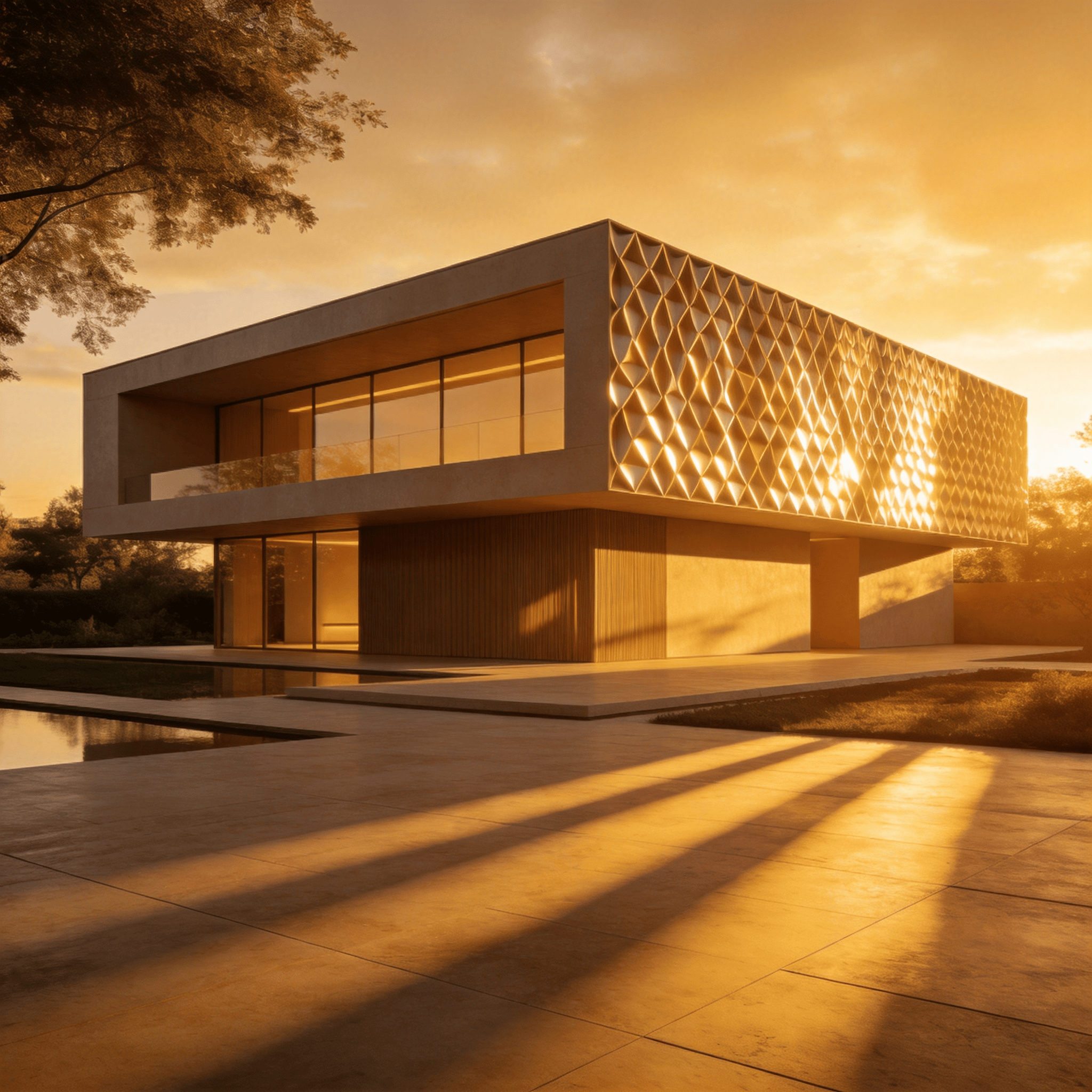 Villa with Parametric Facade — Golden Sunset