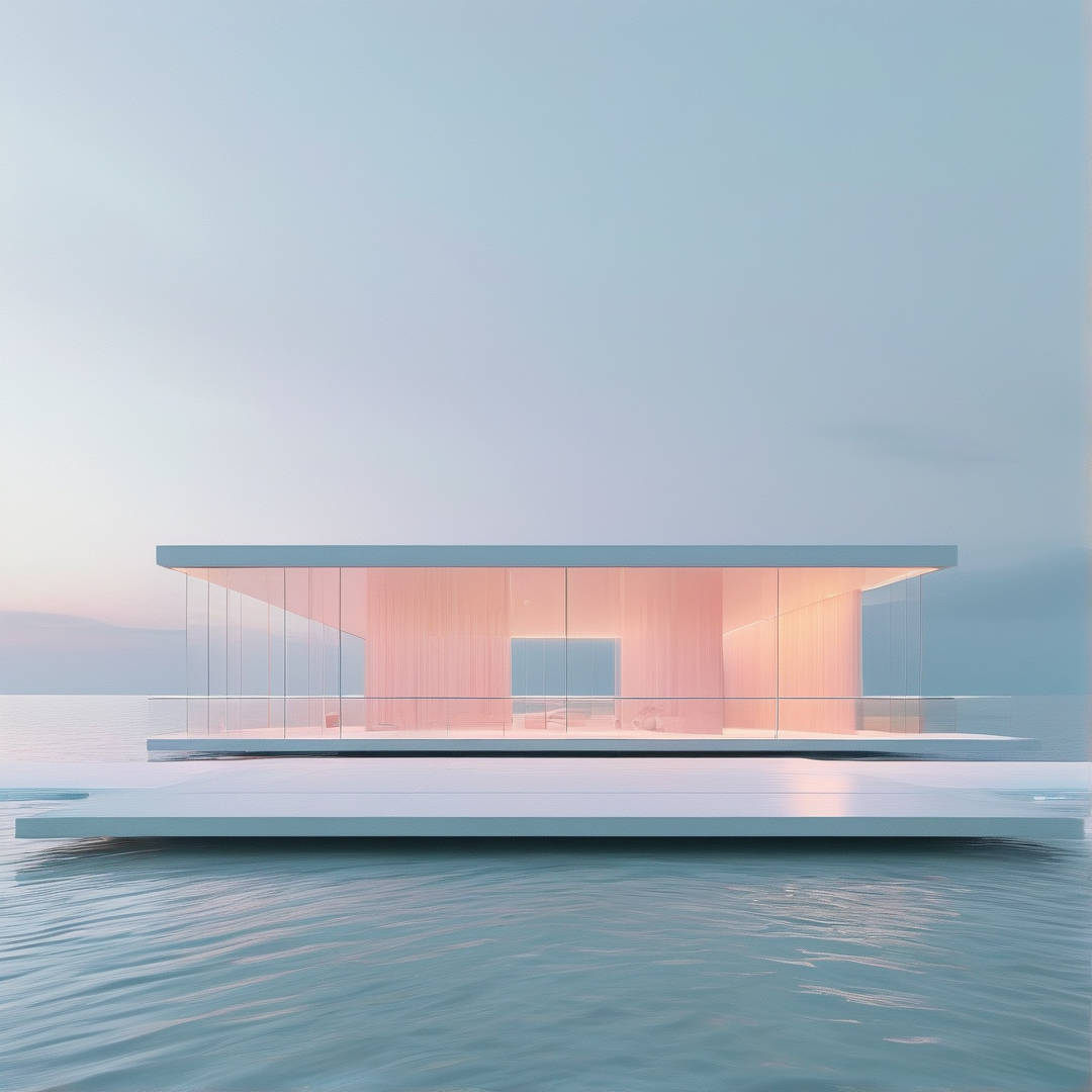 A transparent modern home rests on a deck above calm water while warm interior light glows against the cool sky.