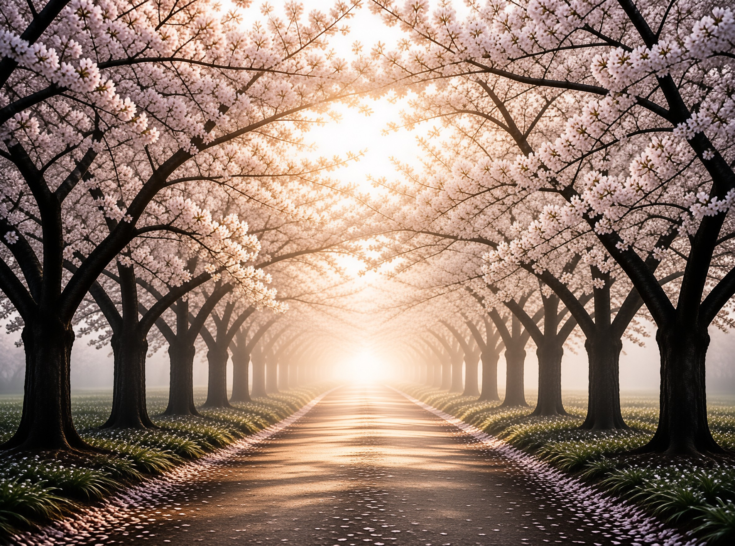 Sunlit Cherry Blossom Path