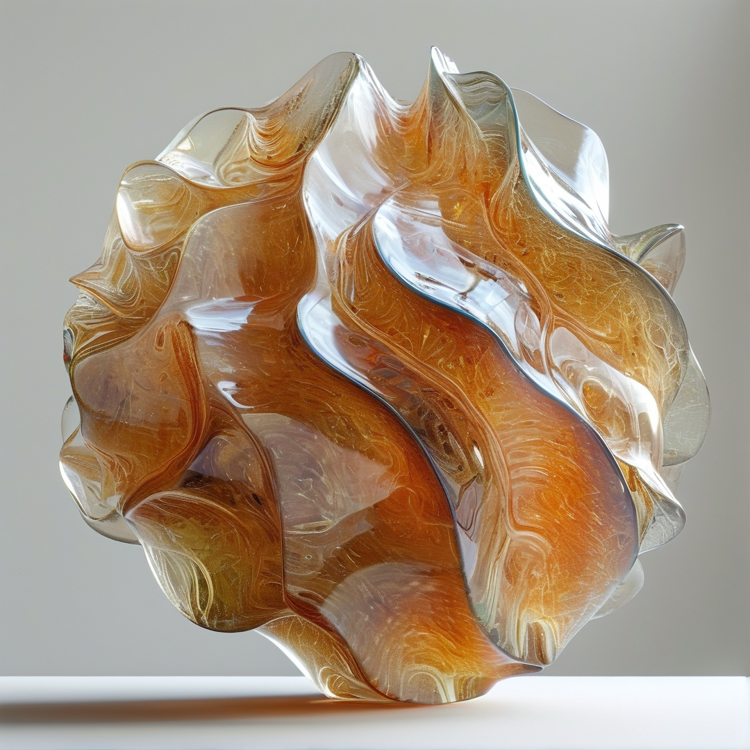 Flowing amber object made of clear material rests on a neutral platform showing intricate internal swirls and reflections.