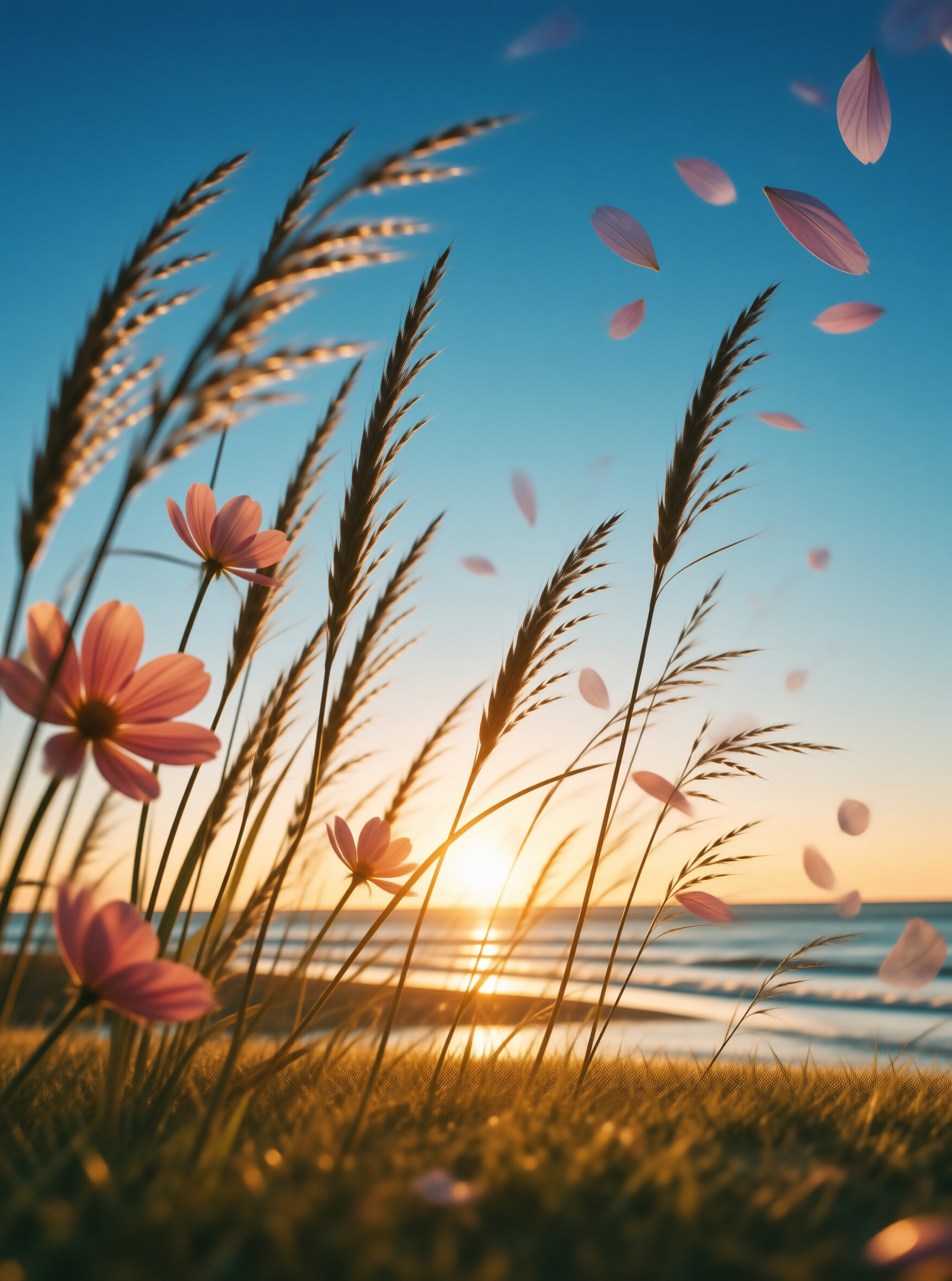 Sunset Beach with Flowers and Grass
