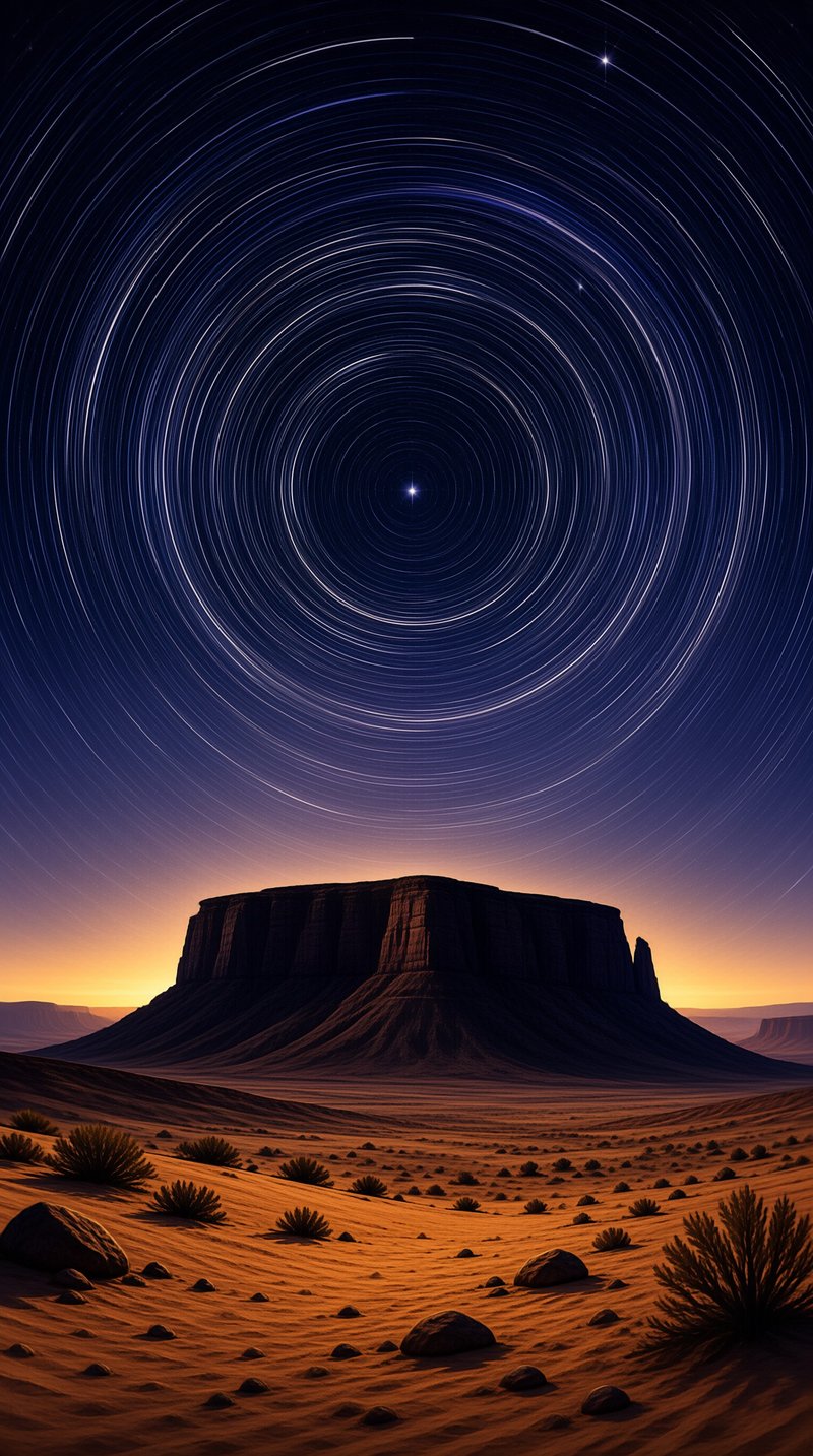 A flat topped mesa silhouettes against a glowing dusk horizon beneath concentric rings of circling night star trails.
