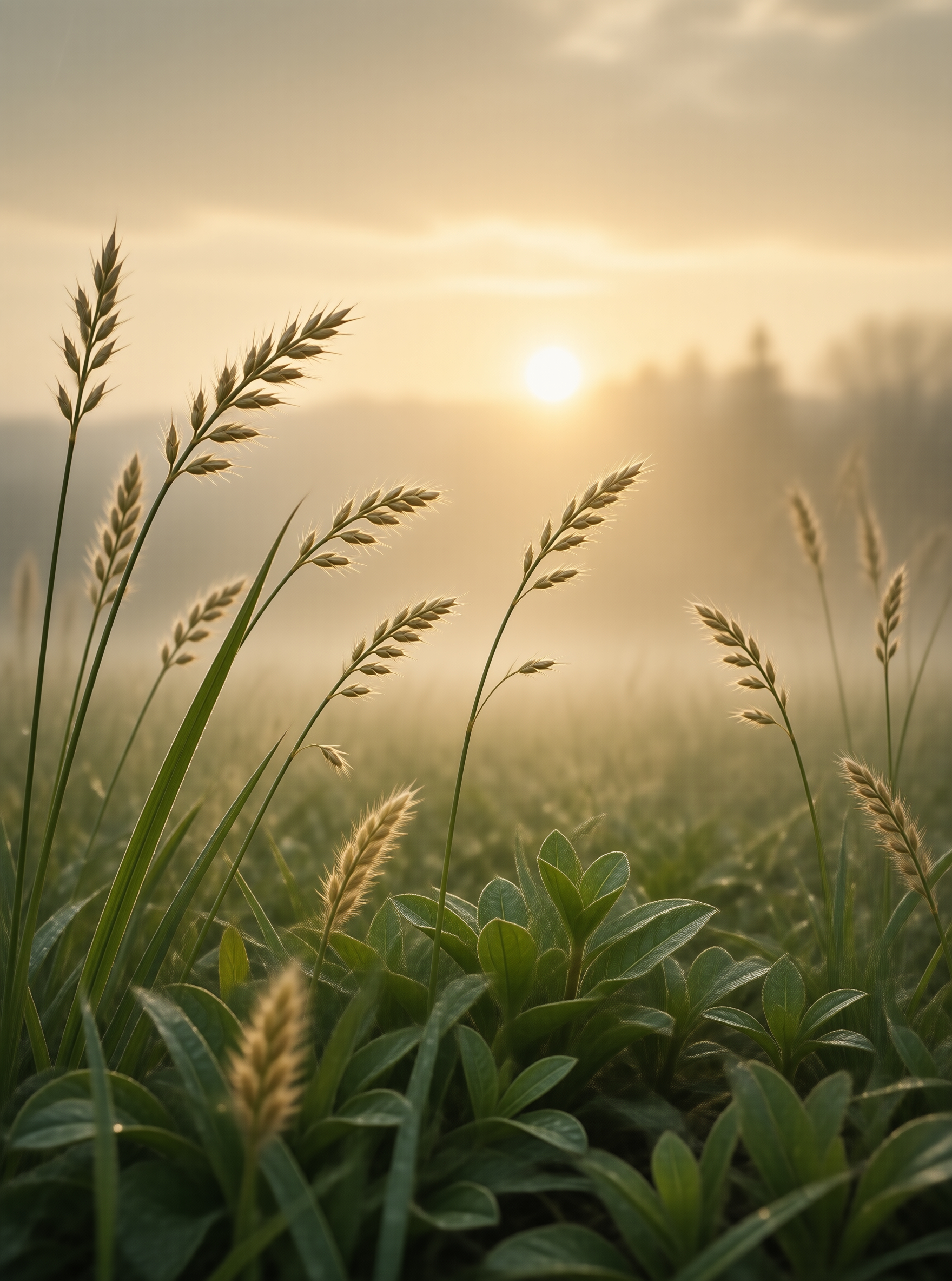 Sunlit Grasses in Mist