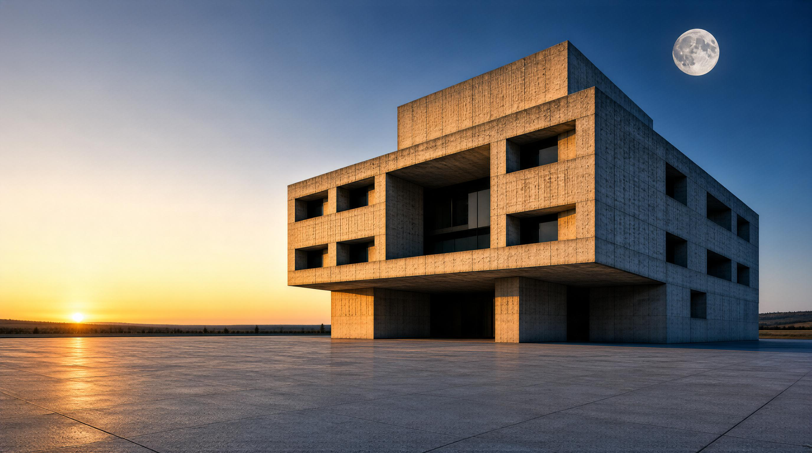 Modern Concrete Building at Sunset