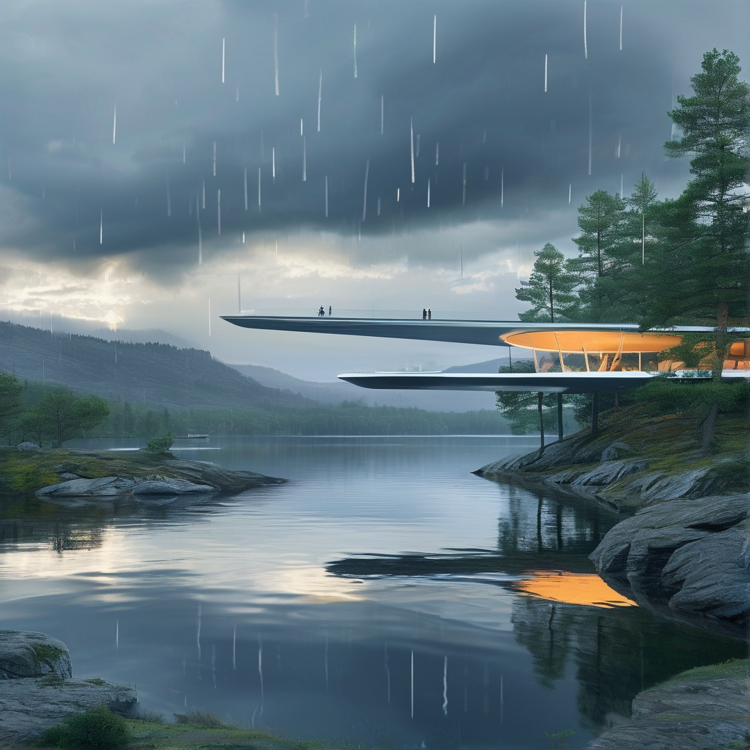 A futuristic building with warm light hovers above a lake during a rainstorm with dark clouds and pine trees.