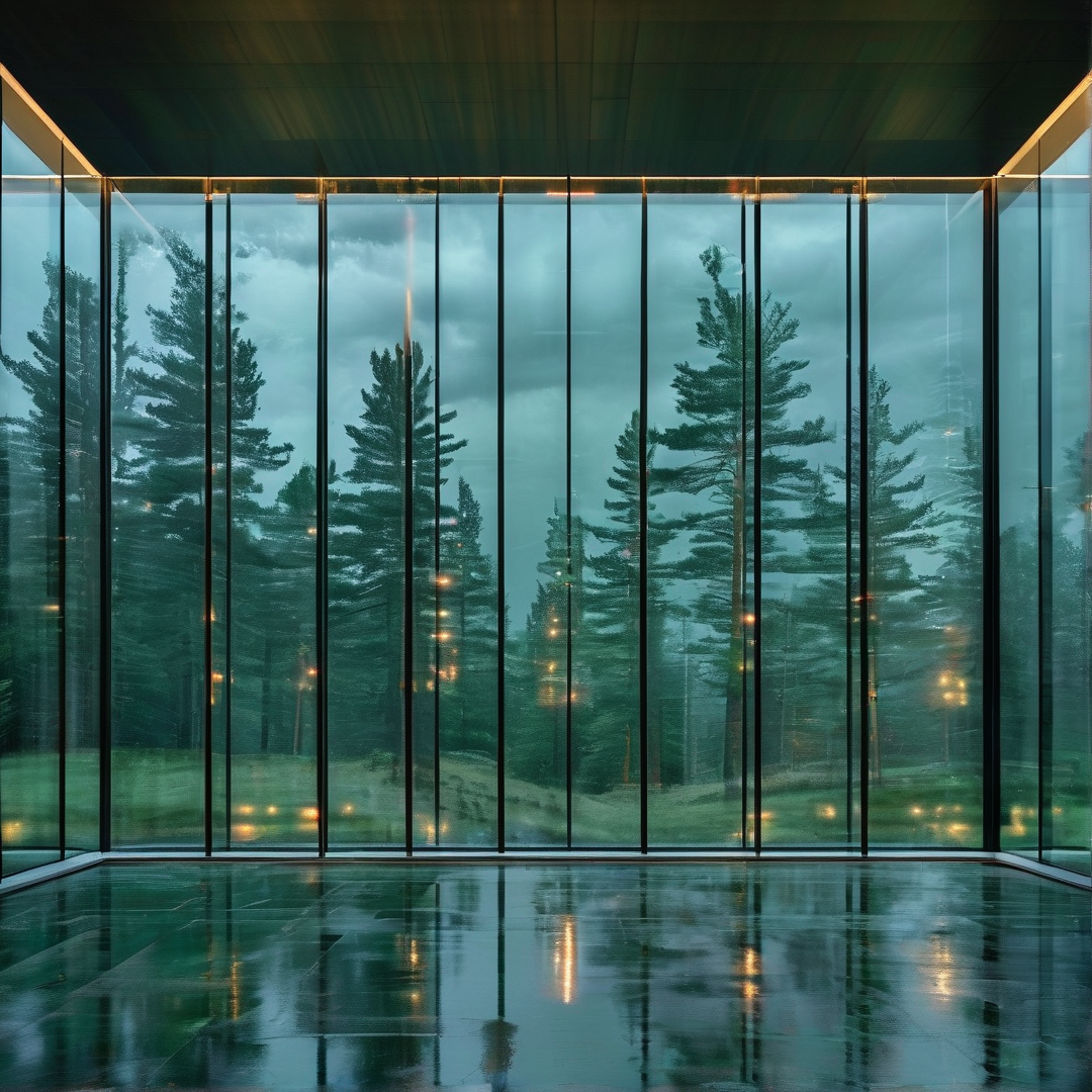 A polished floor reflects a glass wall opening onto a forest of tall evergreens illuminated by scattered lights at dusk