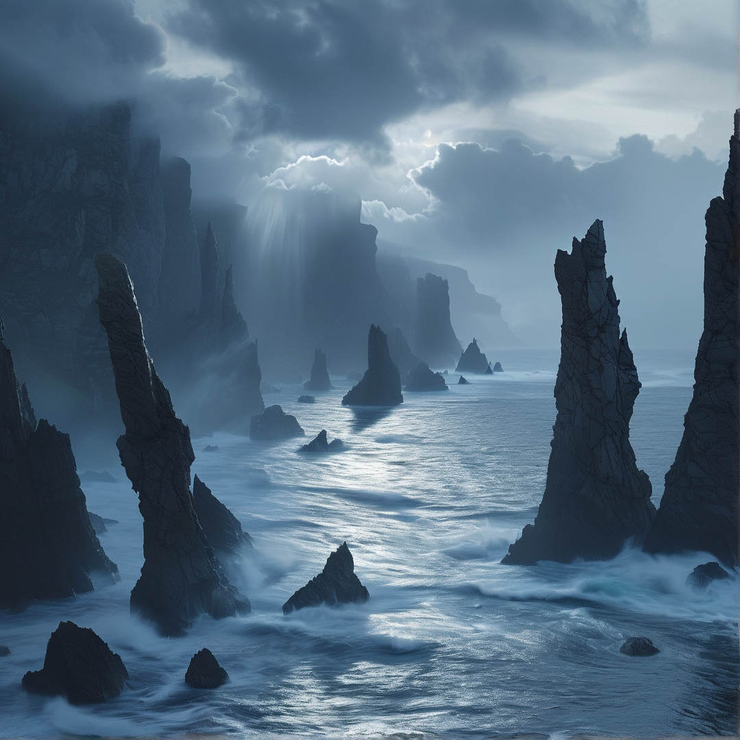 Sunlit Misty Sea Rock Stacks