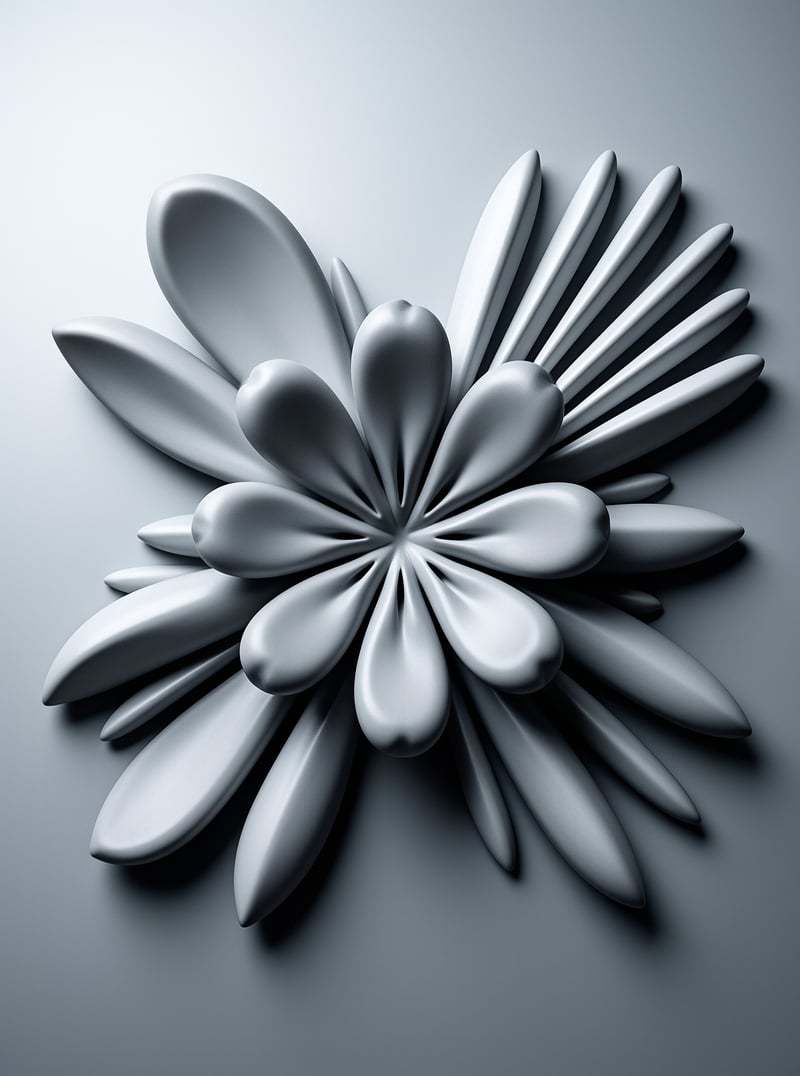 A monochrome grey bas-relief of smooth rounded petals fans out symmetrically from a central point on a soft backdrop.