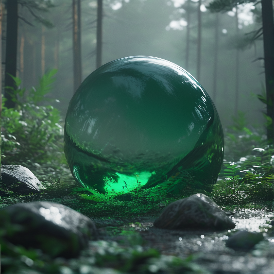 Green Glass Sphere in Forest