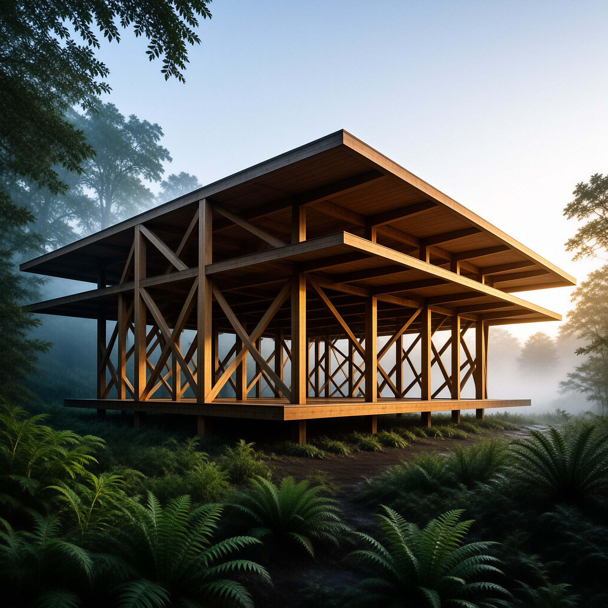 Wooden Pavilion in Mist