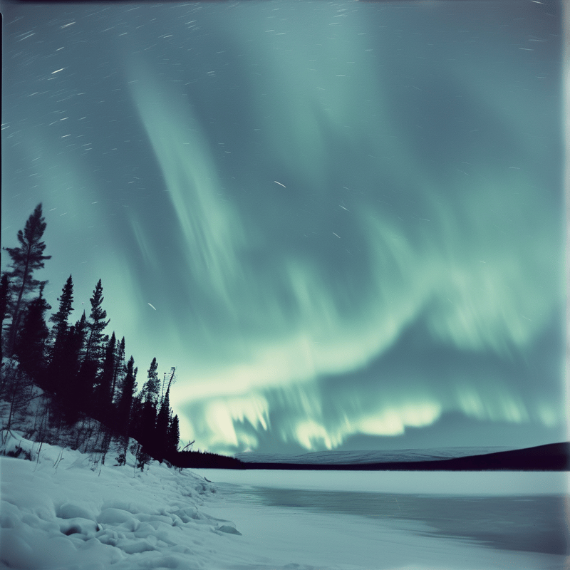 Green northern lights ripple above a frozen lake bordered by snow and dark pine trees under a starry sky.