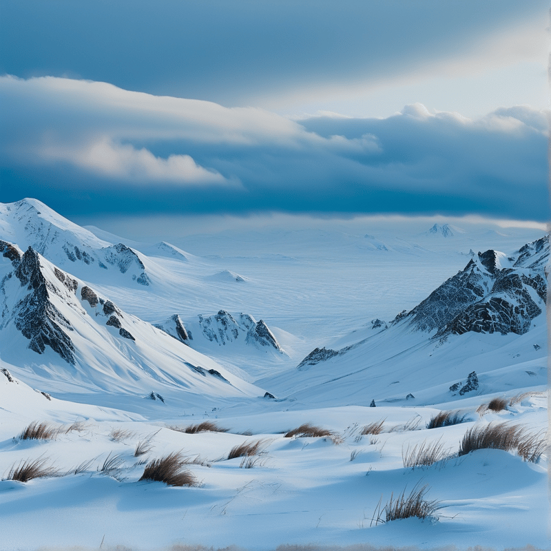 Jagged snow-covered ridges flank a wide white valley stretching toward a cloudy blue horizon.