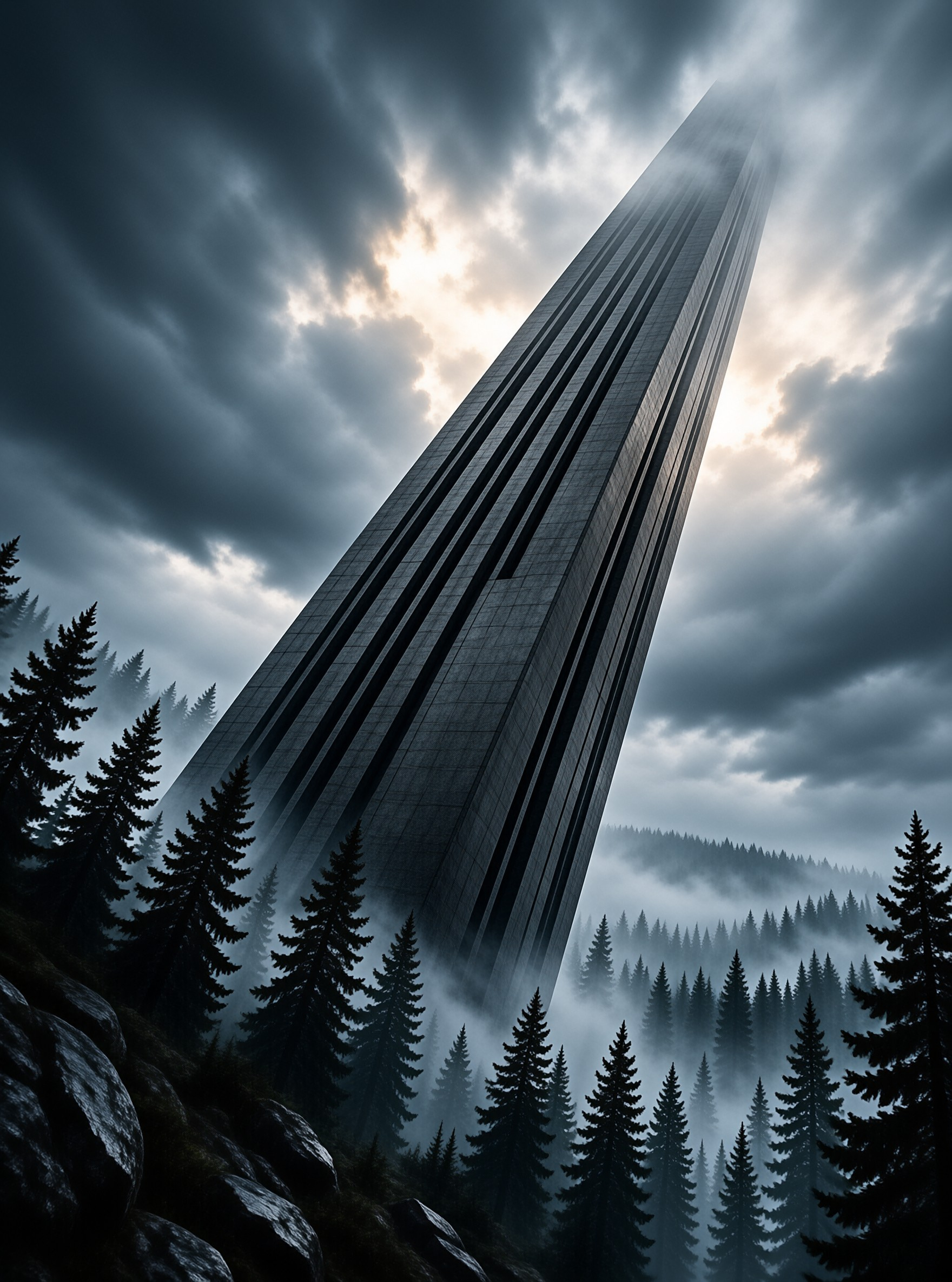 Monolith Above Misty Forest