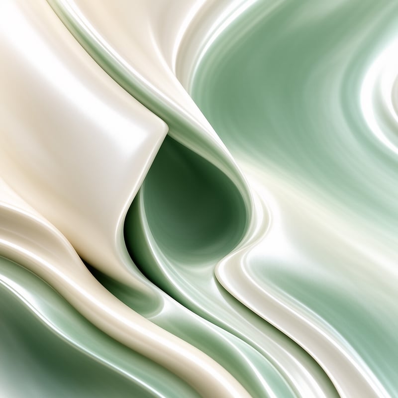Smooth flowing textures resembling melted wax or liquid silk in pale green and ivory under bright illumination.