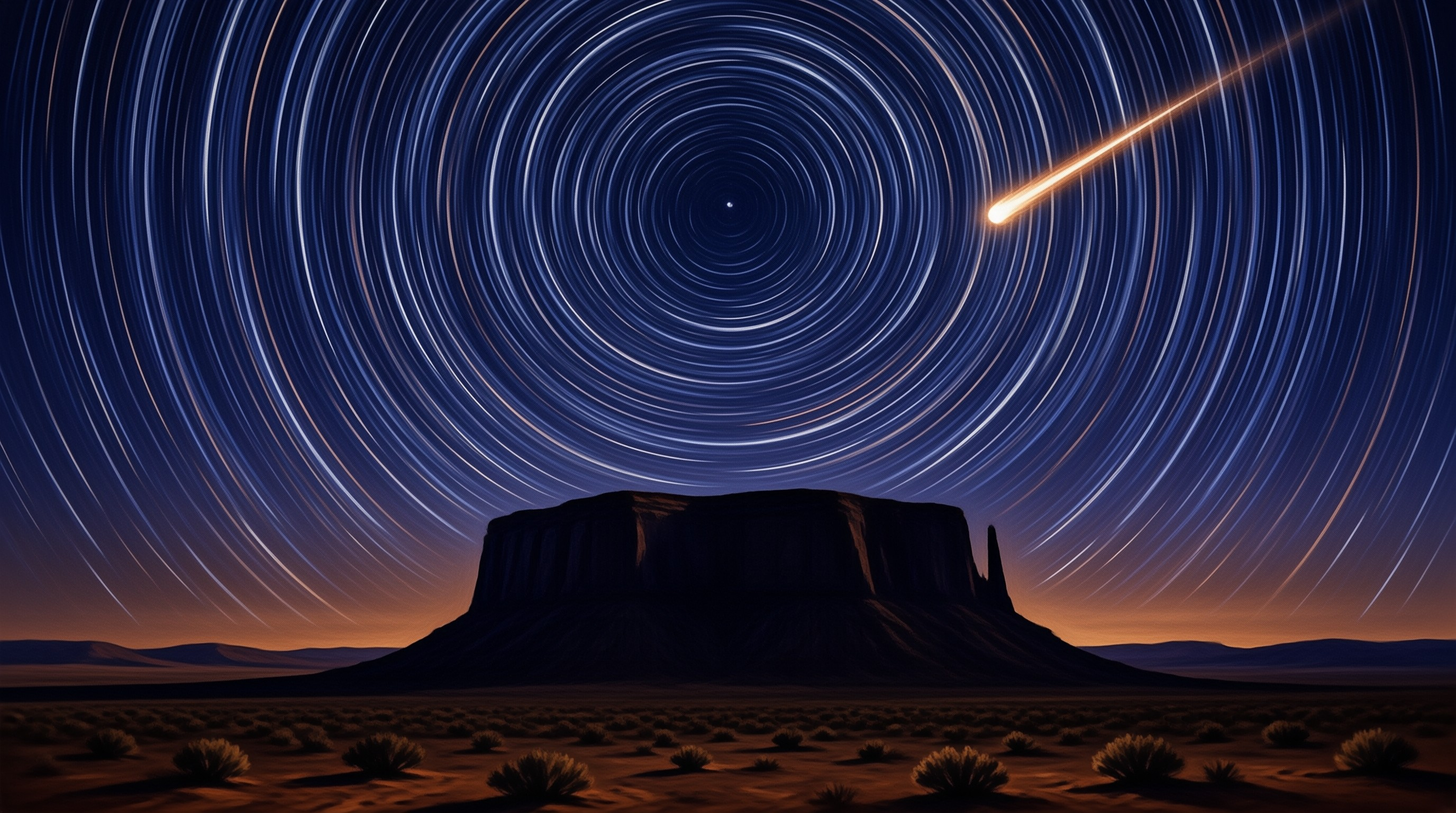 A dark mesa rises in a desert under a night sky of sweeping circular star trails and a bright orange shooting star.