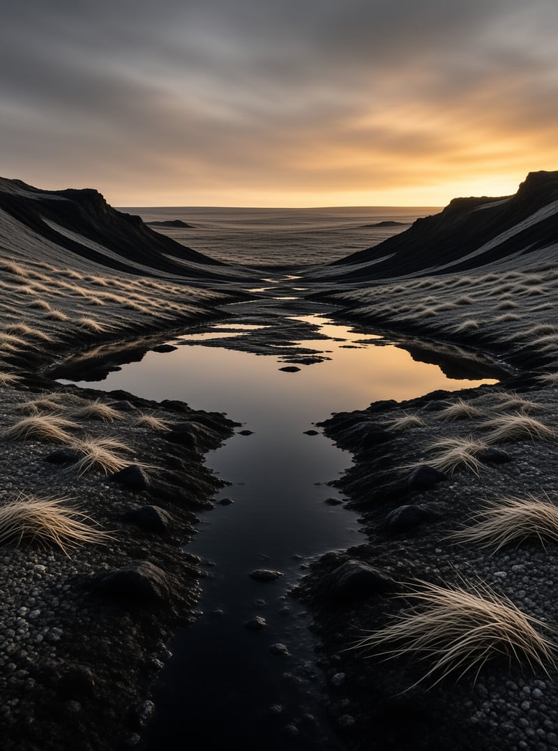 A winding river reflects the warm orange glow of a sunset flowing through a rugged, dark landscape dotted with dry grasses.