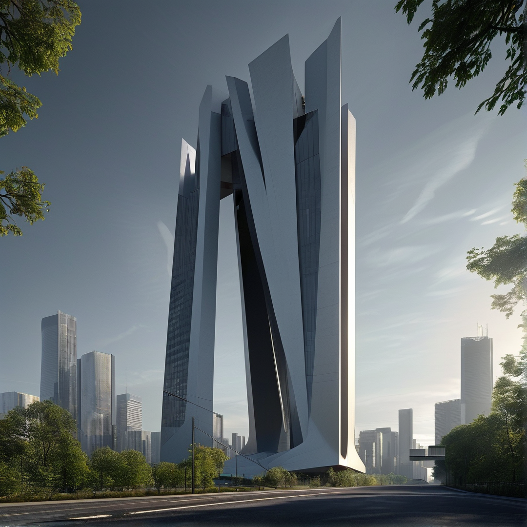 A white geometric skyscraper dominates a cityscape with trees framing the foreground and distant towers in the background.