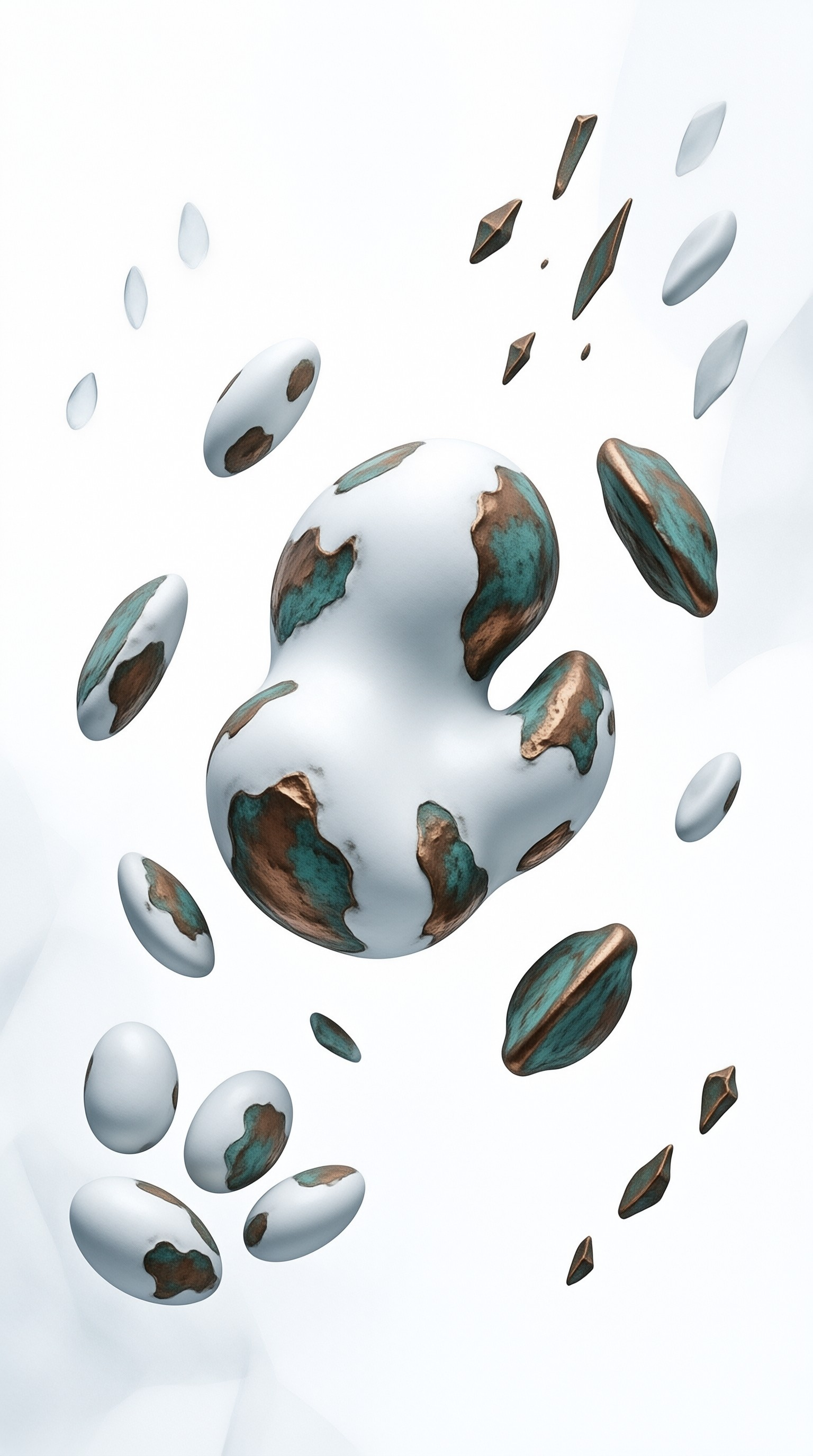 A large irregular metal form with copper and teal patina floats among smaller fragments in a bright white space