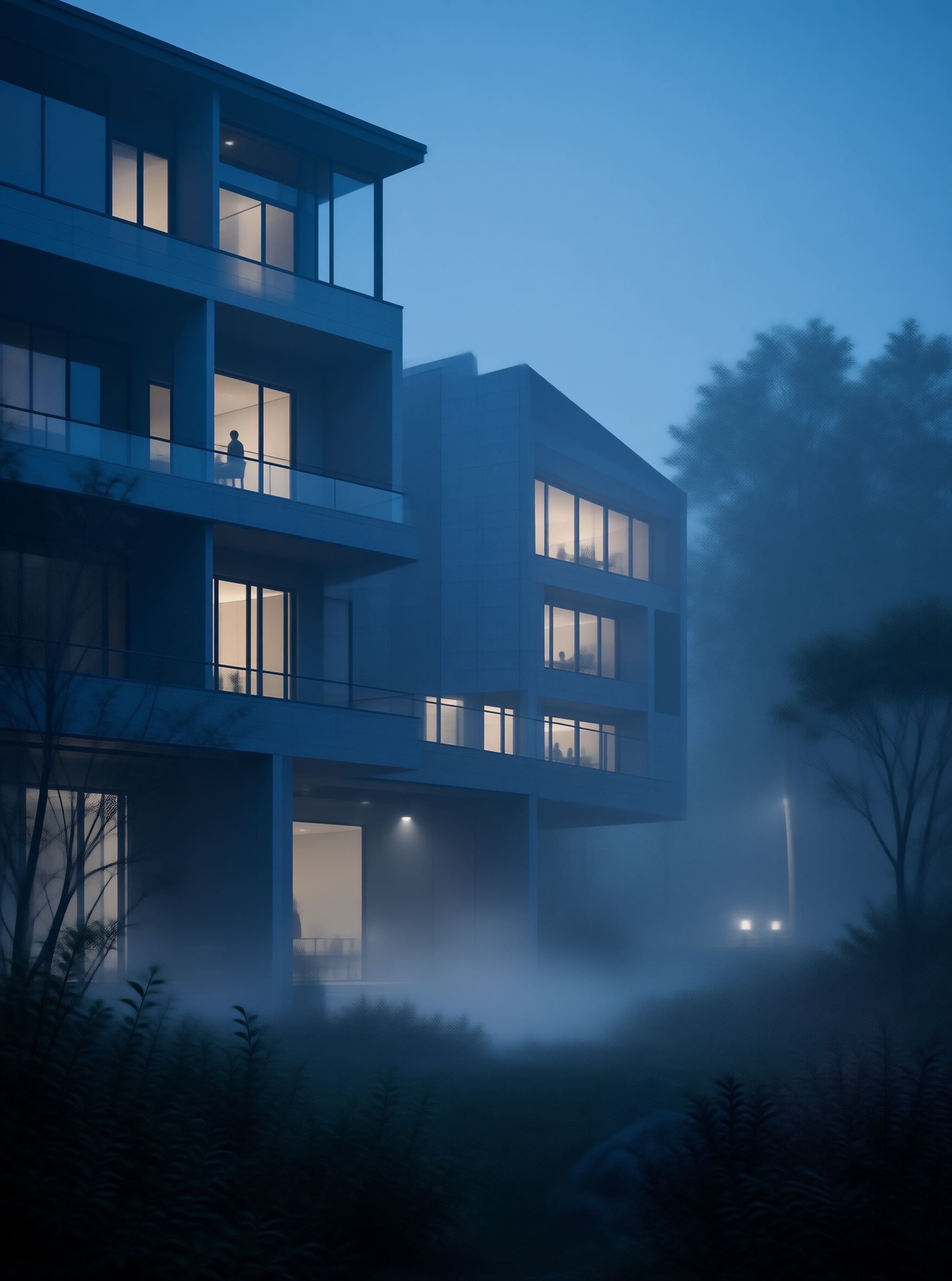Modern Architecture in Misty Night