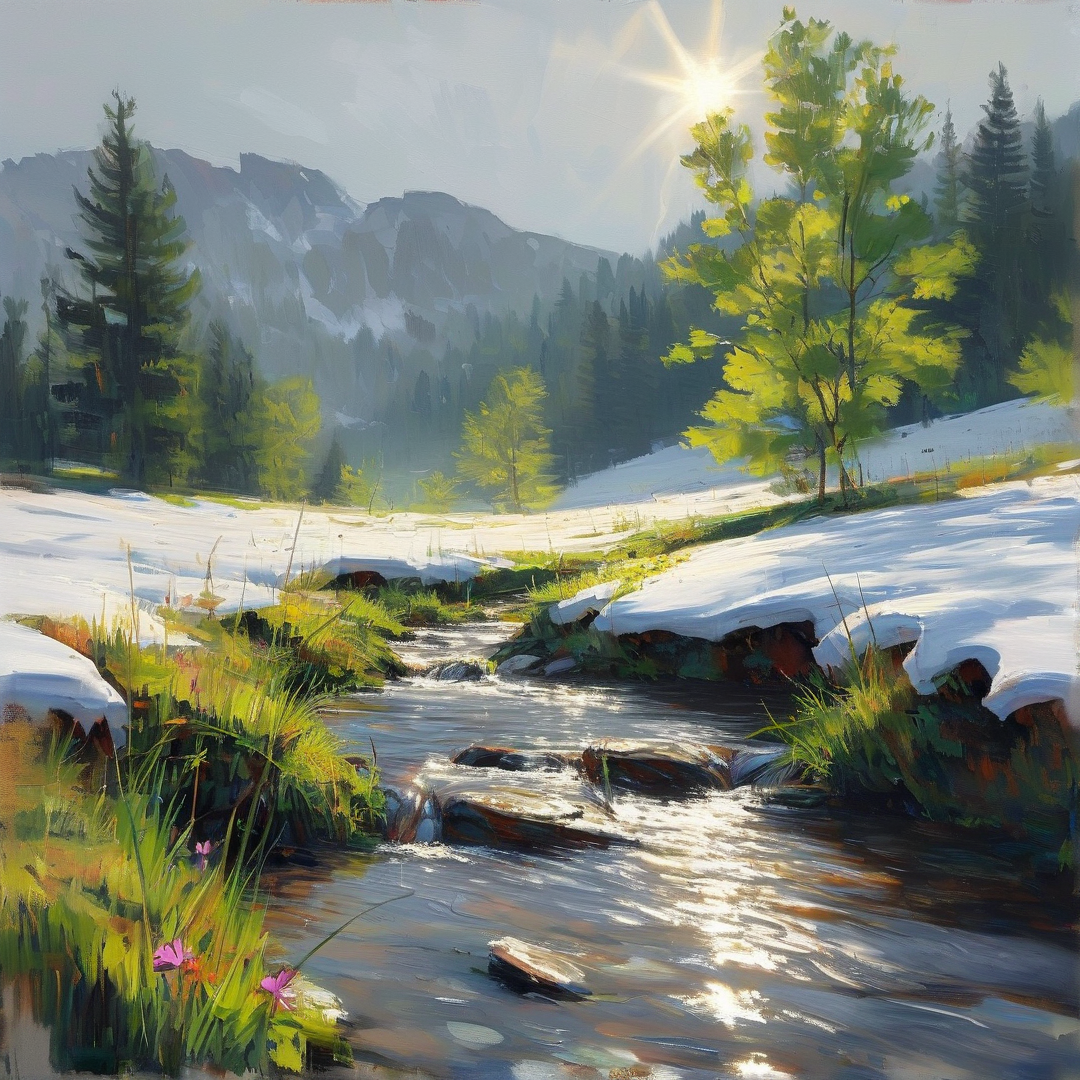 A painted landscape depicts a rushing river moving through a valley where snow remains on the banks near green bushes.