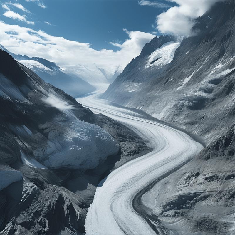 A massive sheet of ice flows between steep gray cliffs beneath a partly cloudy sky.