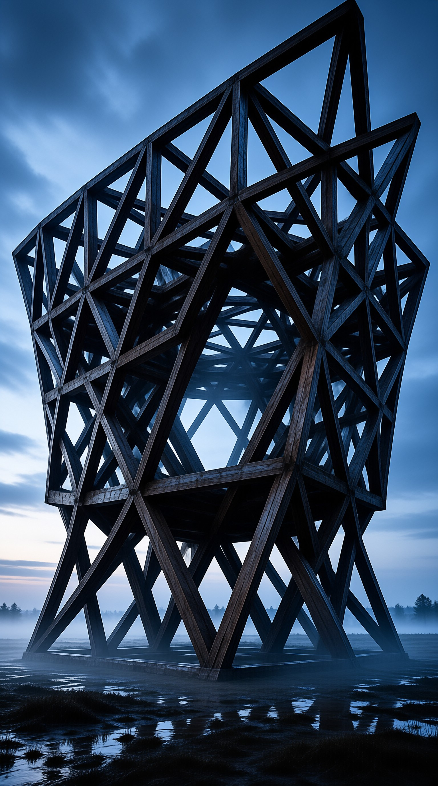 A large angular wooden framework rises from a misty wetland under a cool twilight sky.
