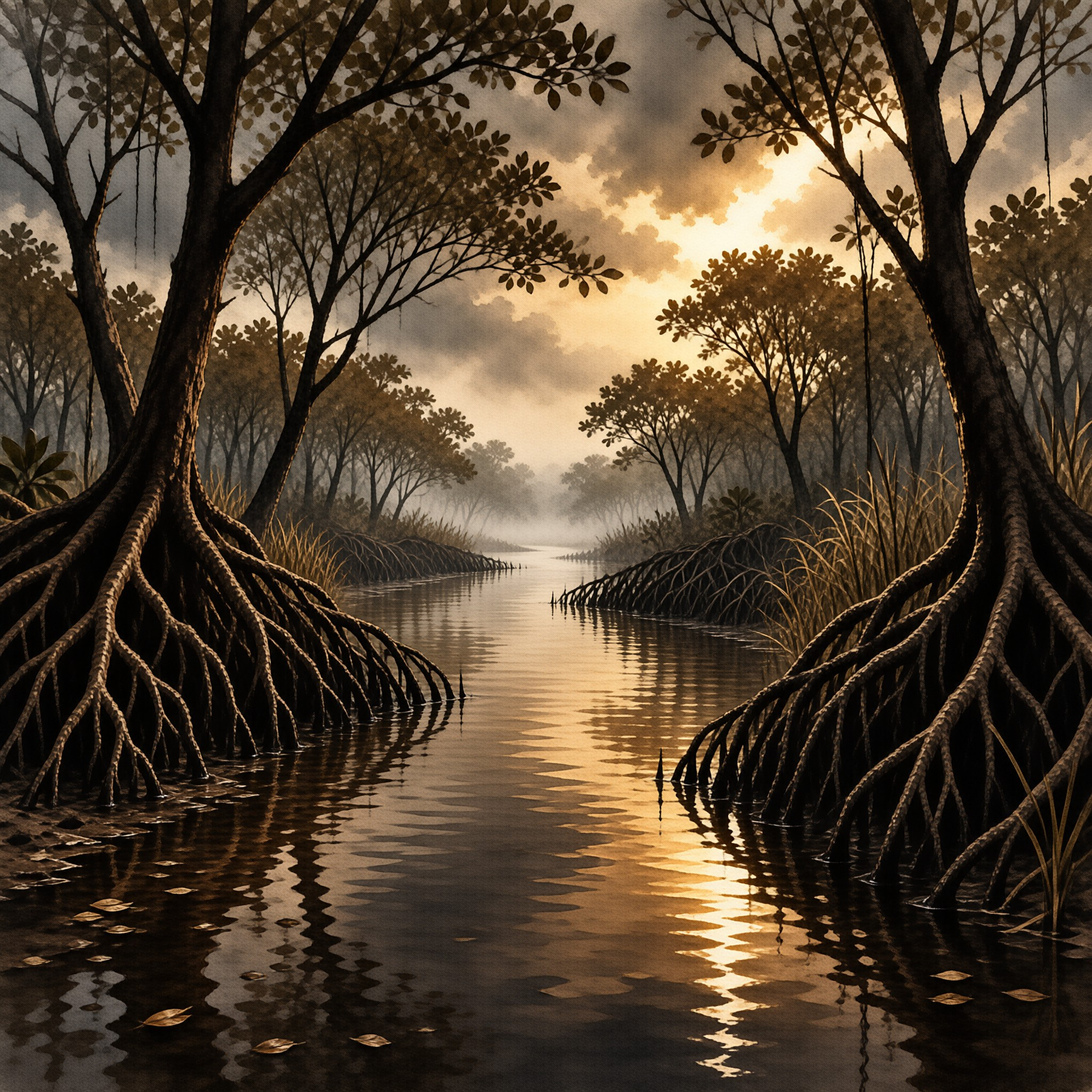 Intricate mangrove root systems line both banks of a calm river channel, creating a natural corridor that leads the eye toward a distant misty horizon under a warm glowing sky.