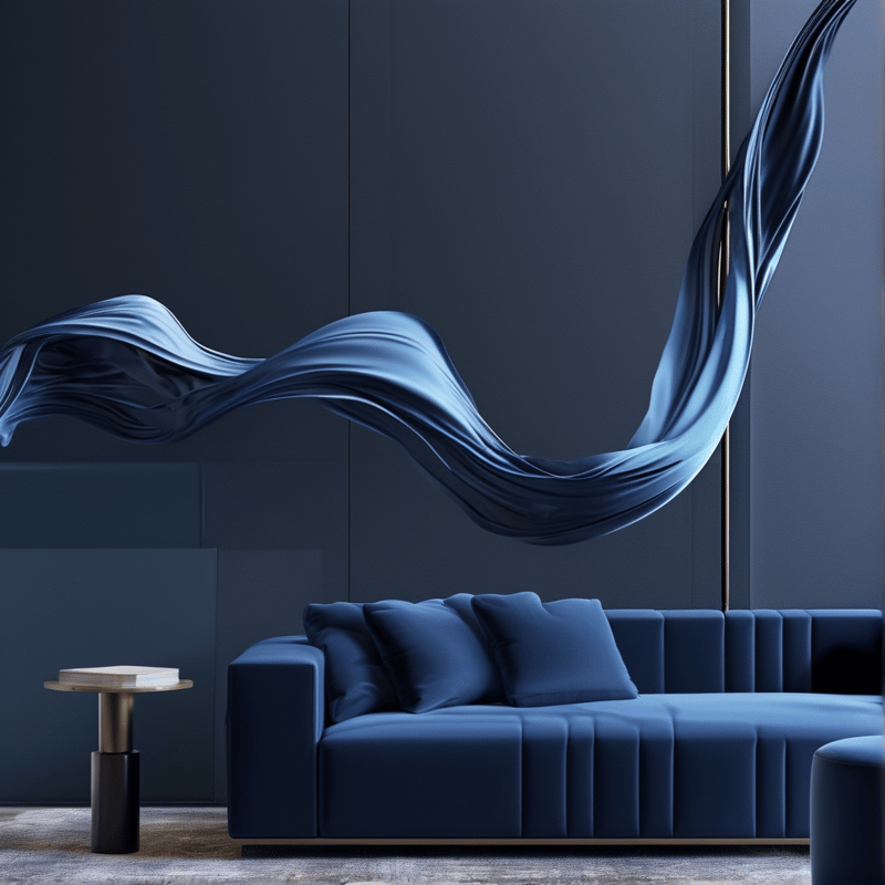 A deep blue channel-tufted sofa sits in a moody charcoal interior while a glossy silk ribbon undulates along the wall.